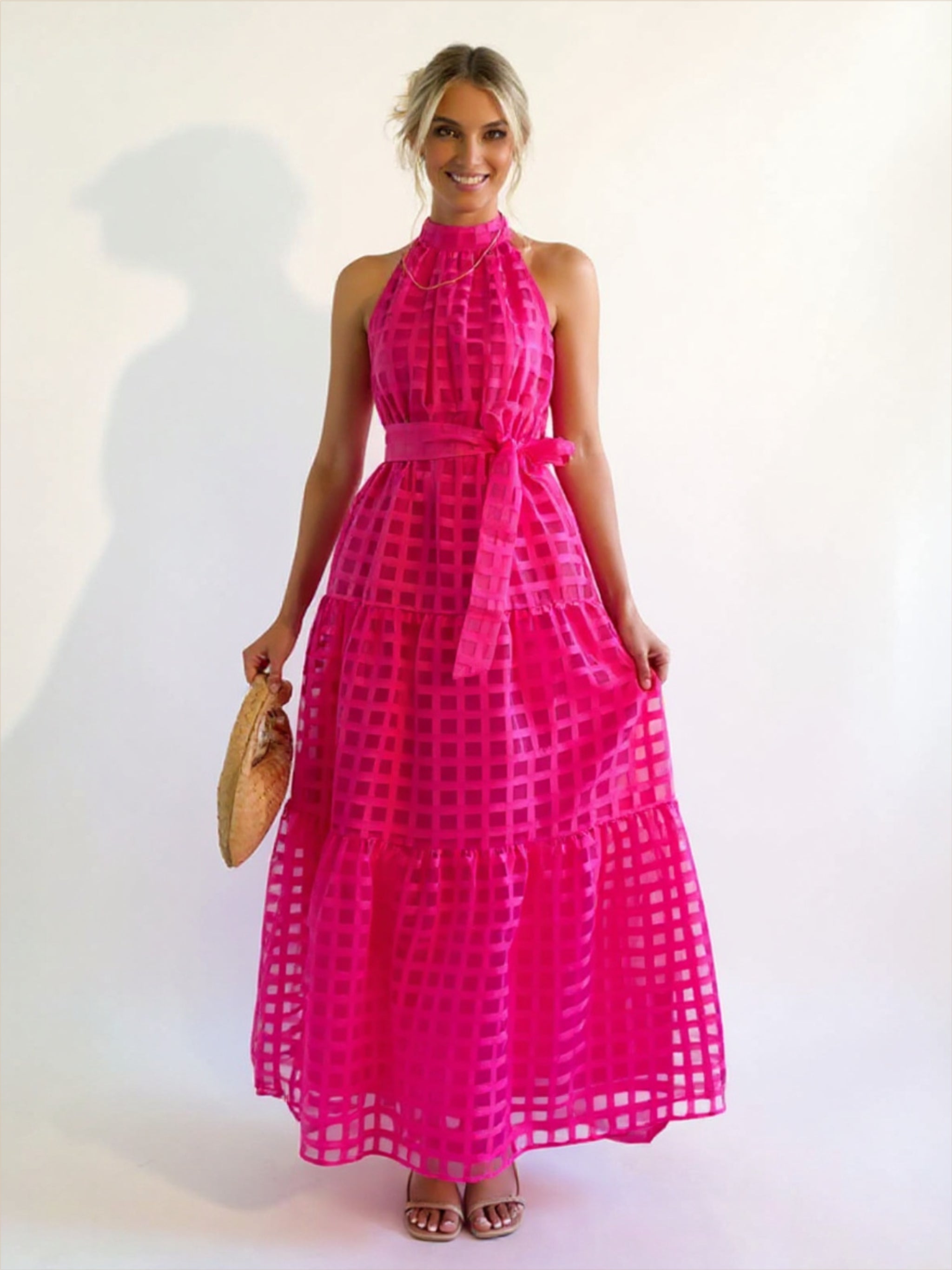Solid Plaid Halter Neck Maxi Dress