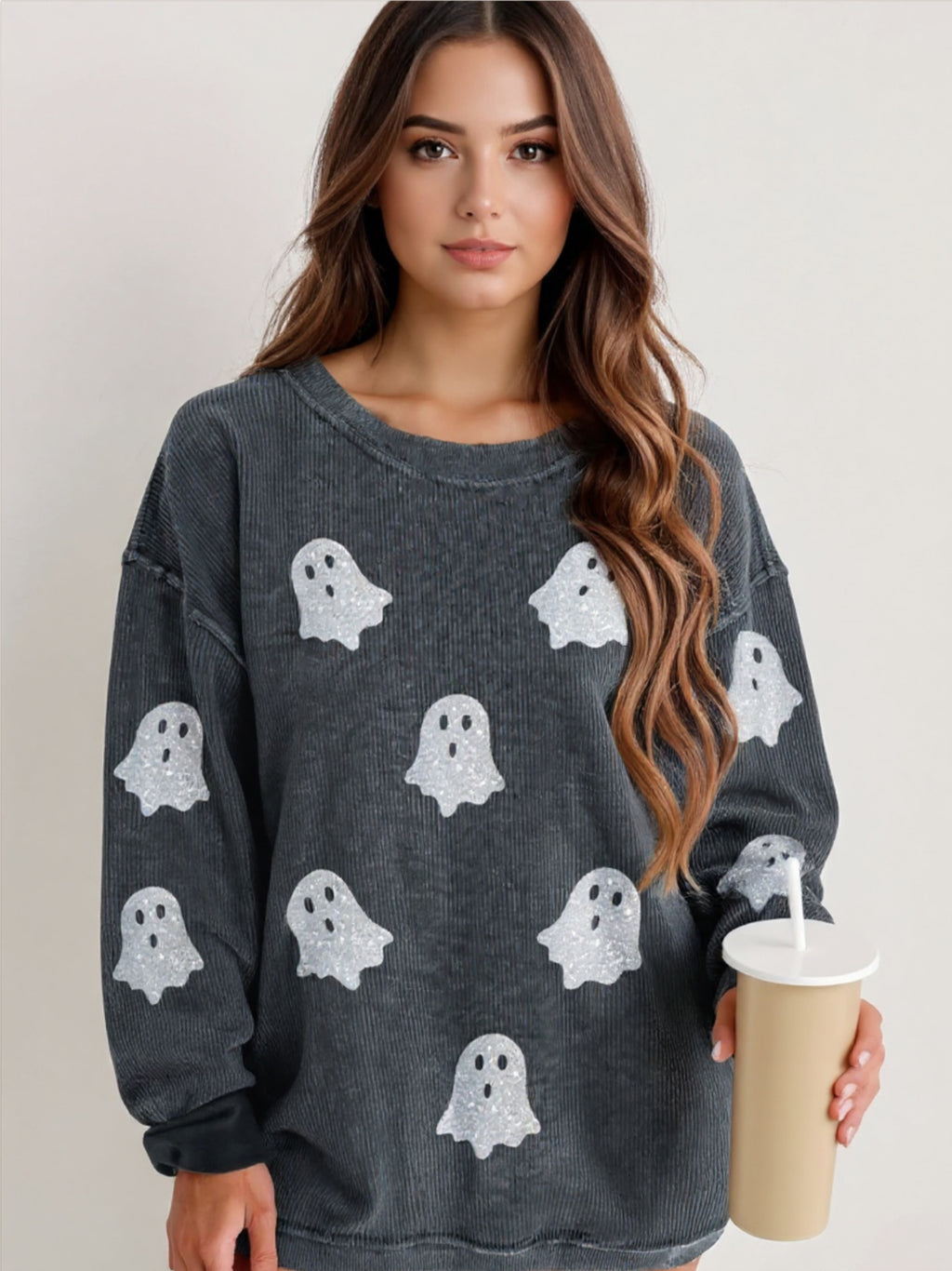 Glitter Ghost Round Neck Sweatshirt