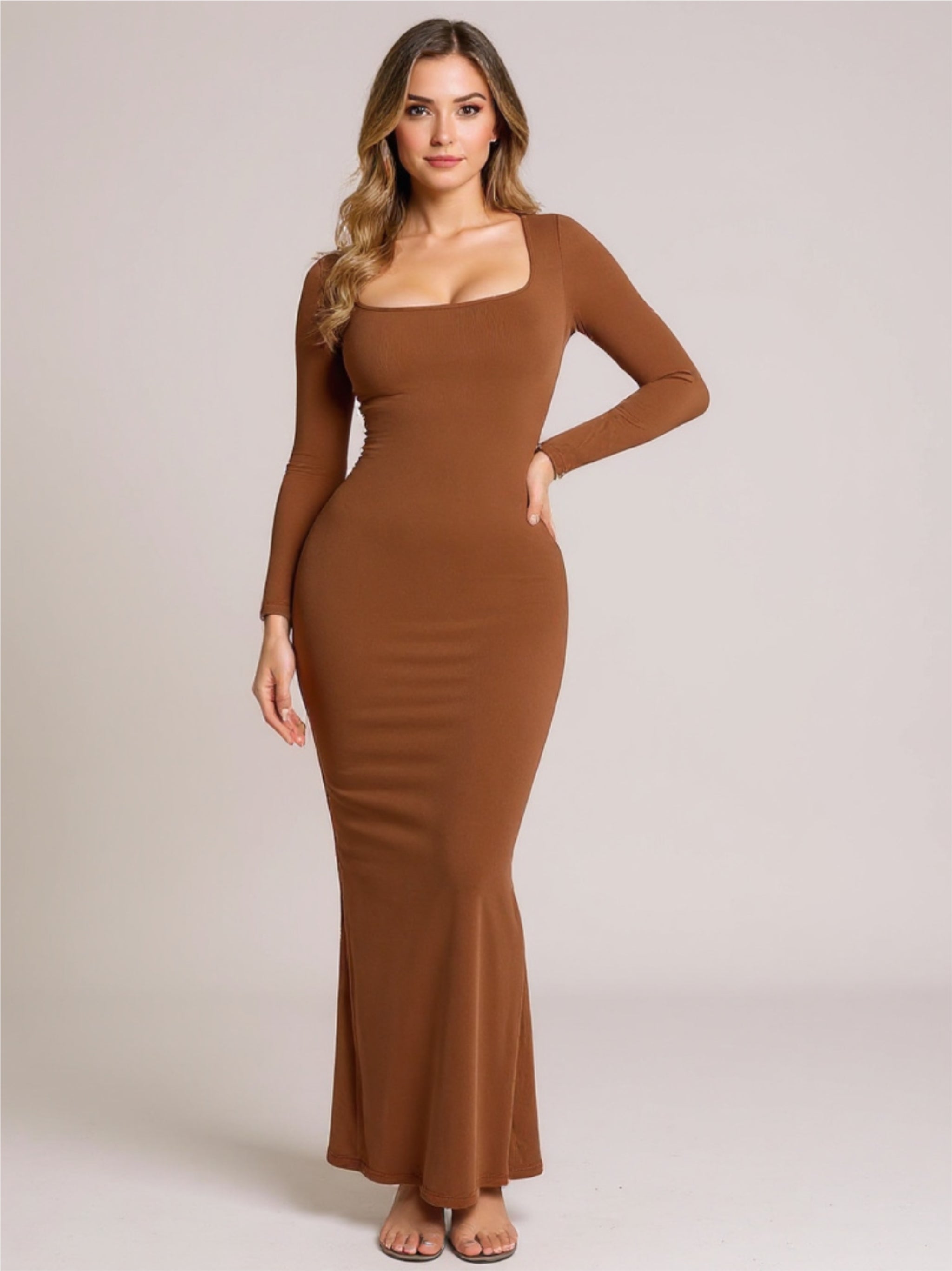 Long Sleeve Round Neck Maxi Dress with Built In Shapewear