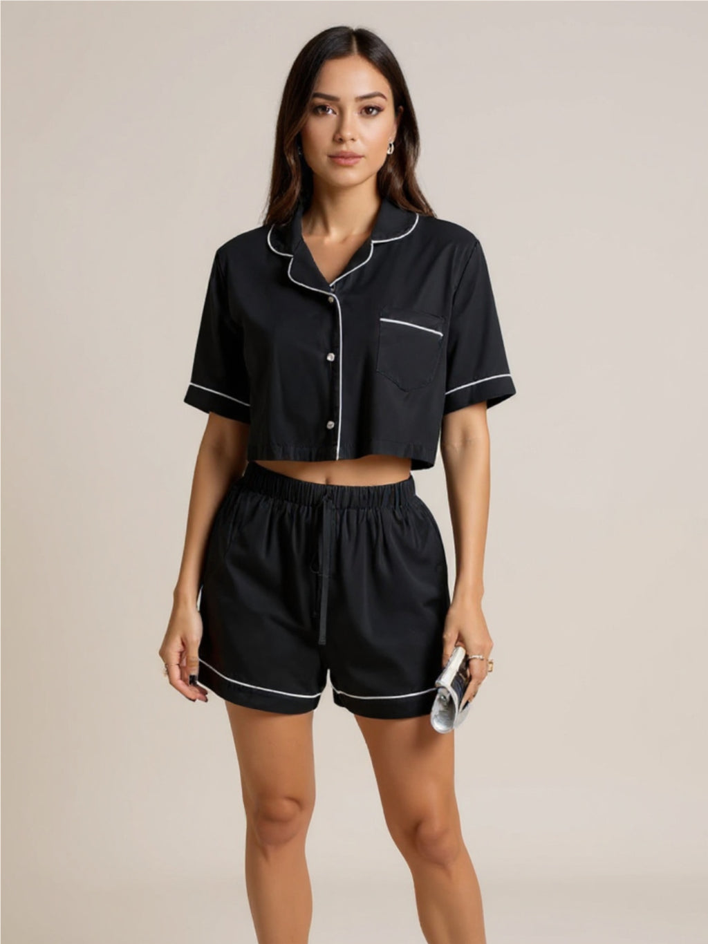 Contrast Lapel Collar Cropped Shirt & Shorts Lounge Set