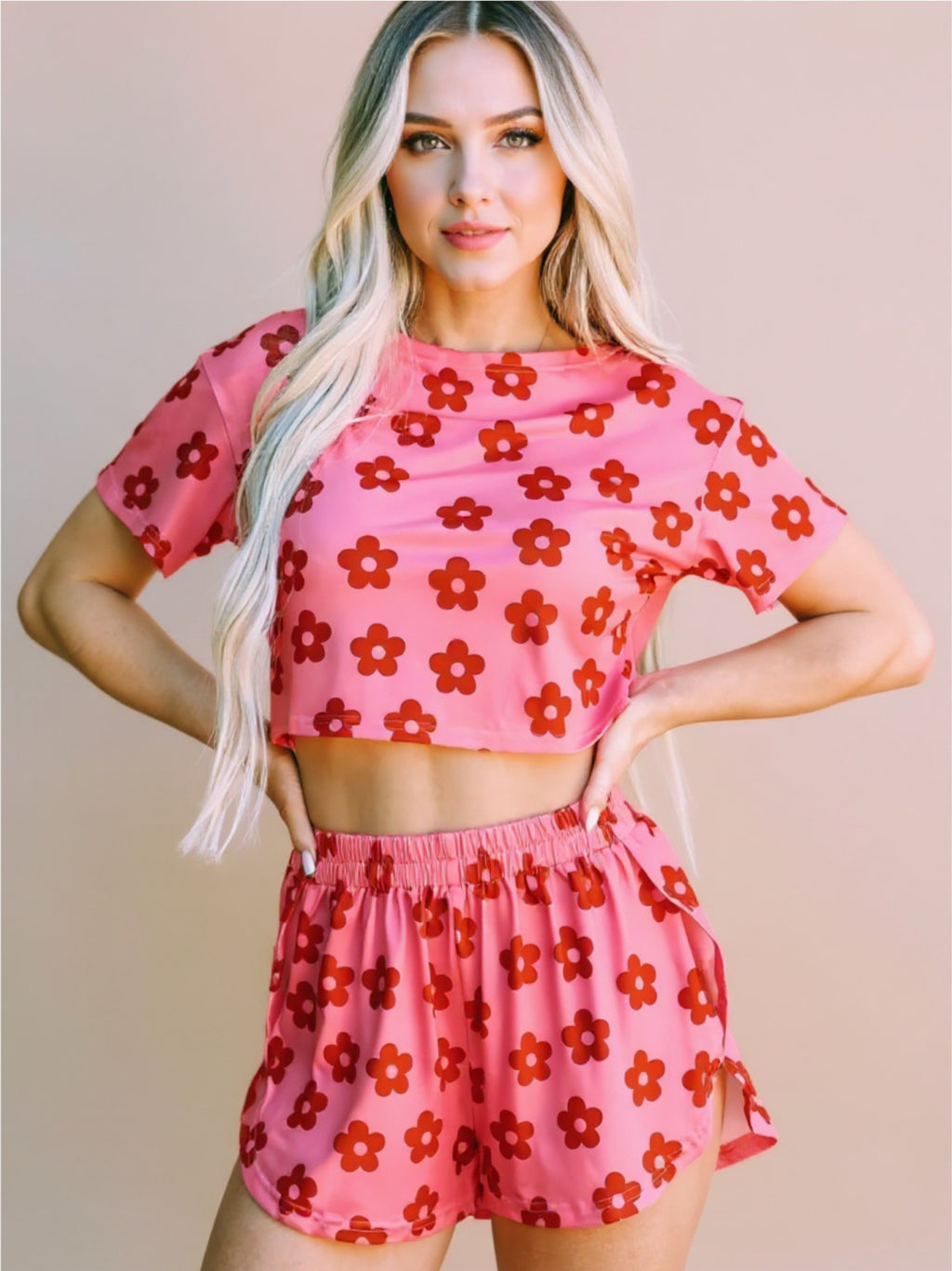Pink Floral Cropped Tee & Shorts Pajama Set