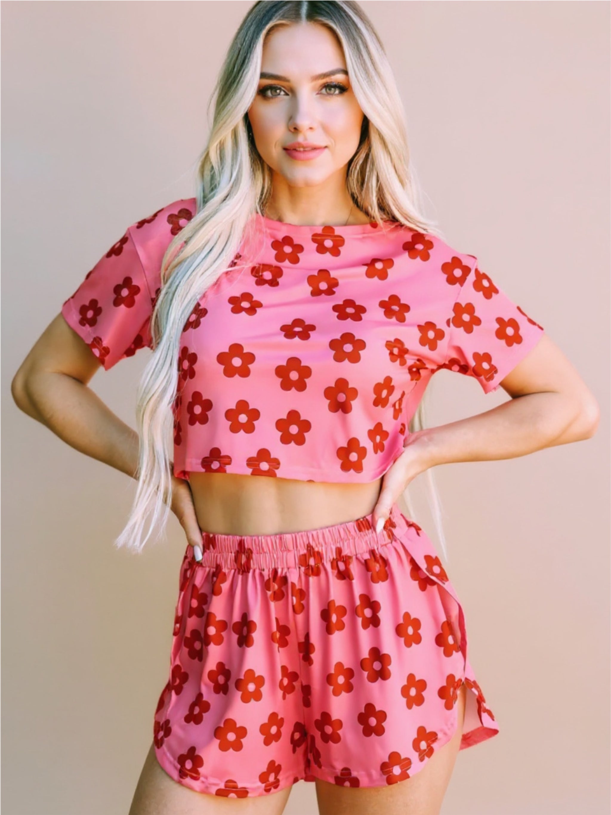 Pink Floral Cropped Tee & Shorts Pajama Set