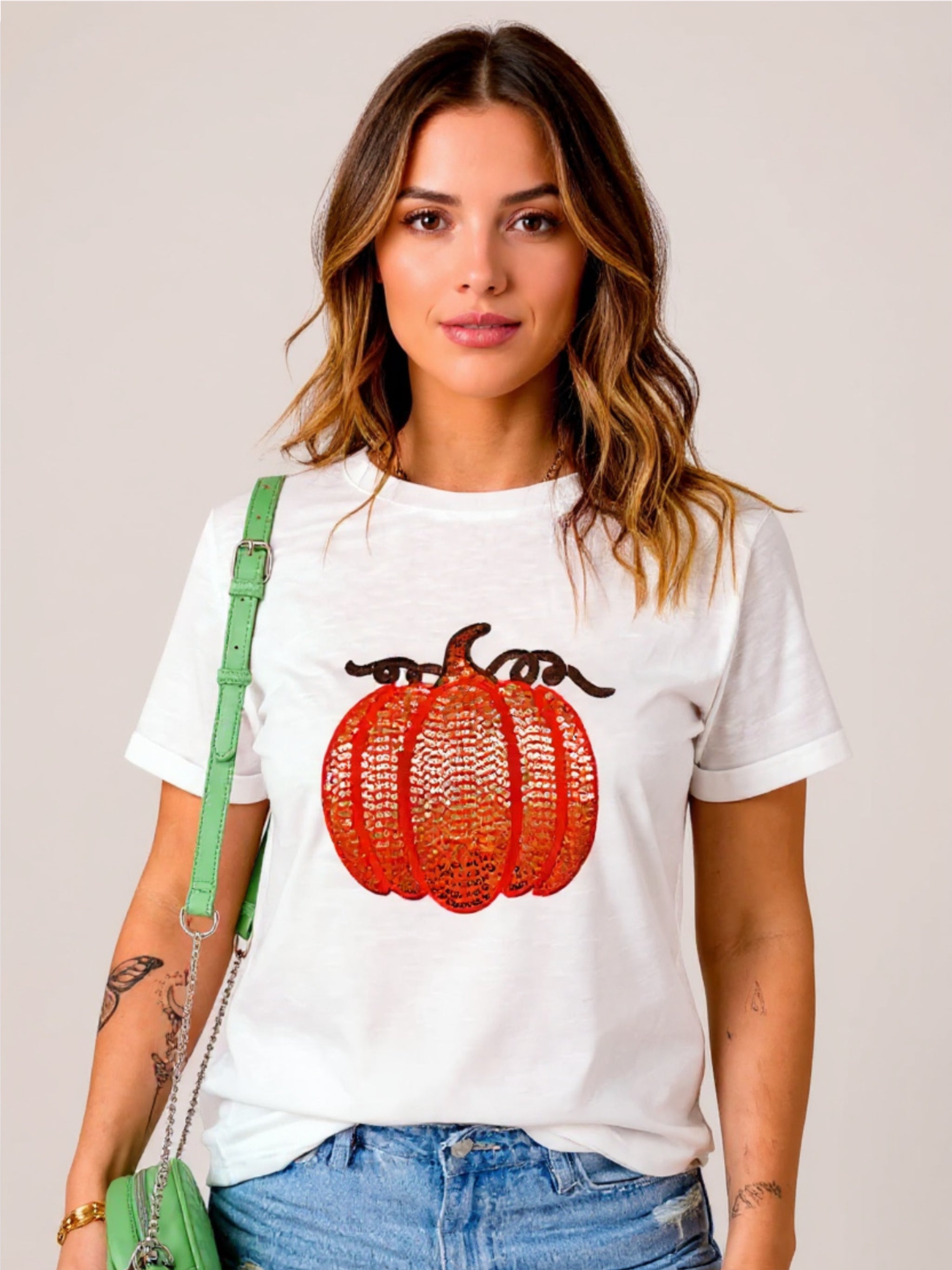 Full Size Sequin Pumpkin Round Neck Short Sleeve T-Shirt