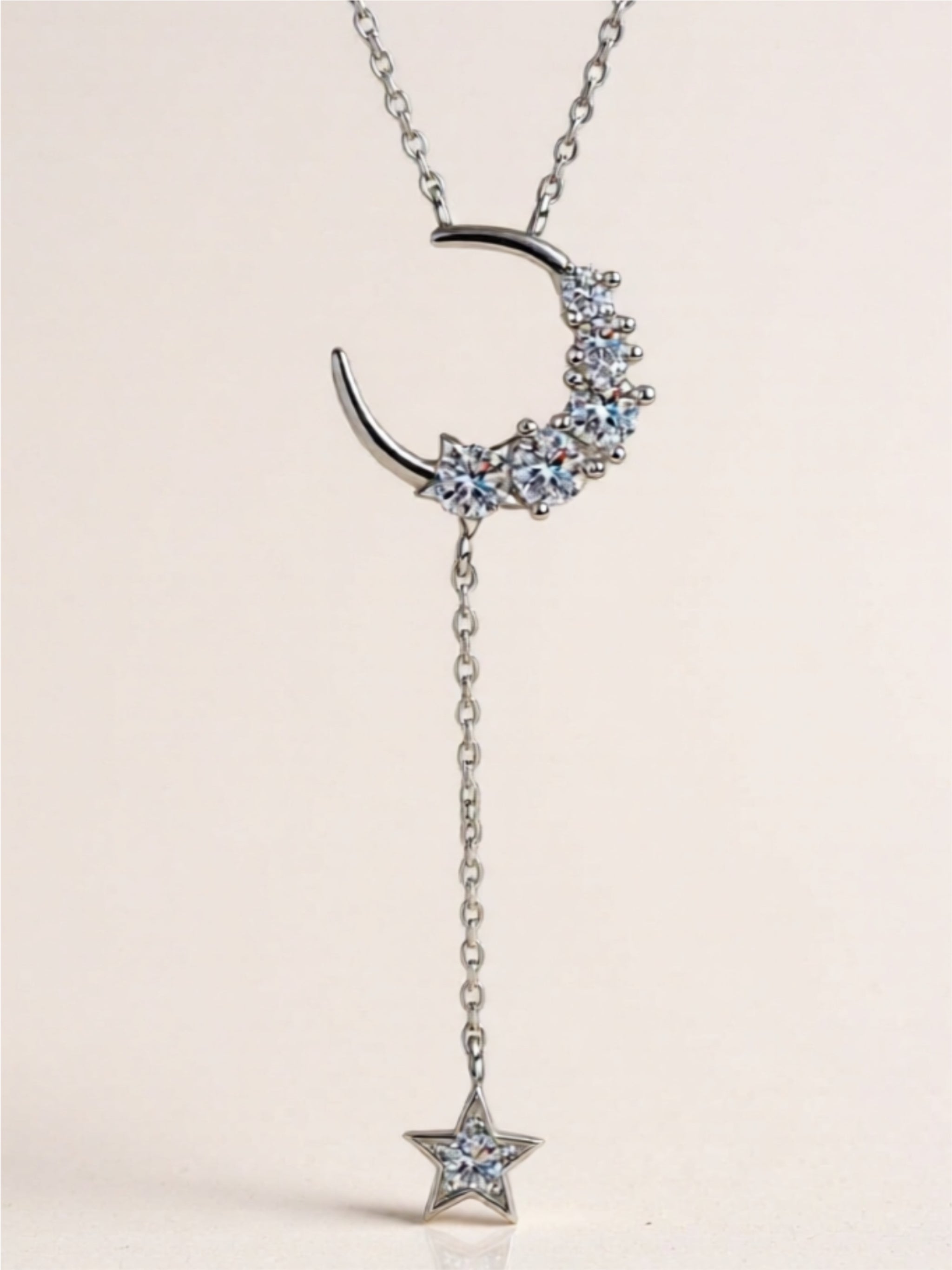 Star & Moon Moissanite 925 Sterling Silver Lariat Necklace