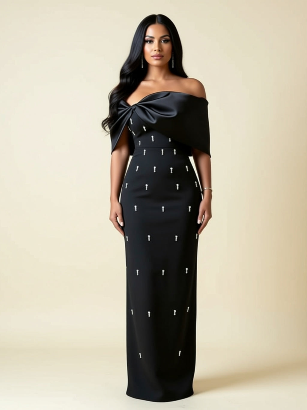 Elegant Off‑Shoulder Satin Bow Maxi Dress