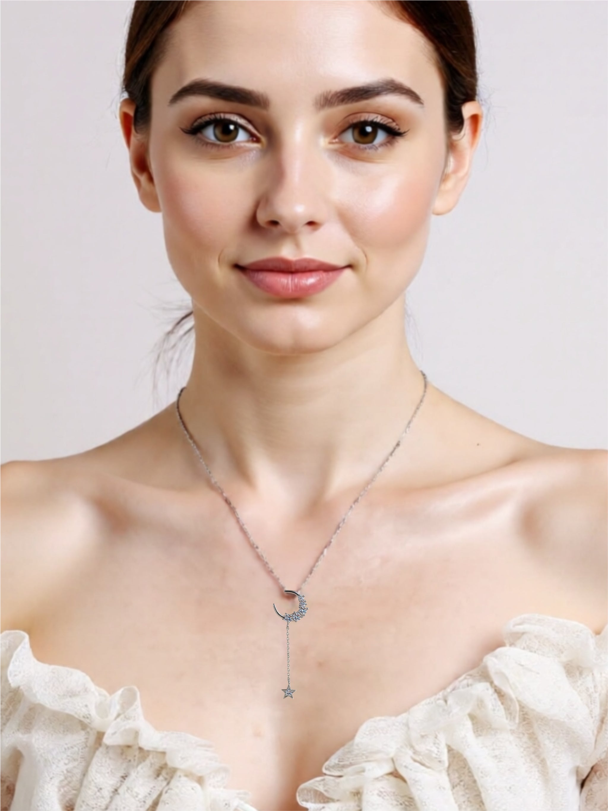 Star & Moon Moissanite 925 Sterling Silver Lariat Necklace