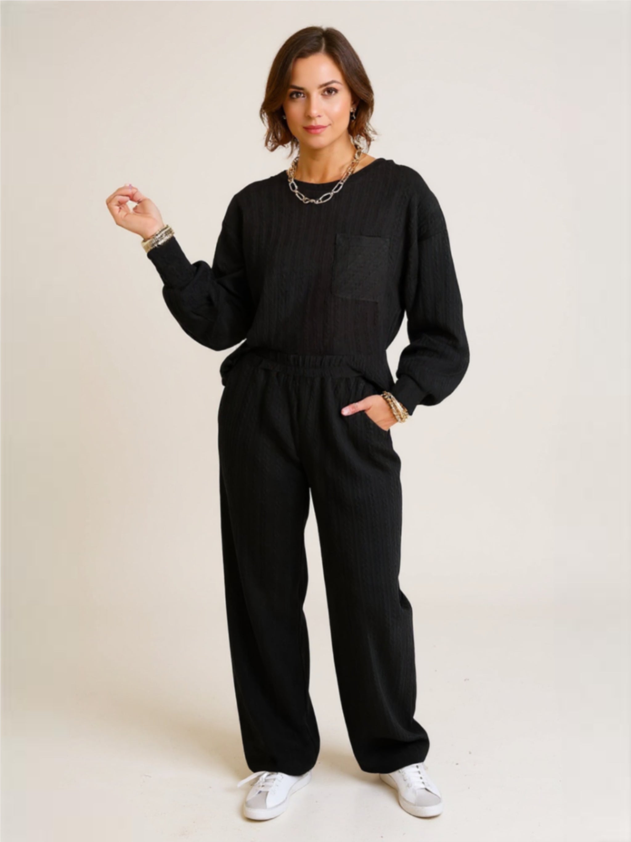 Black Round Neck Top & Pants Set
