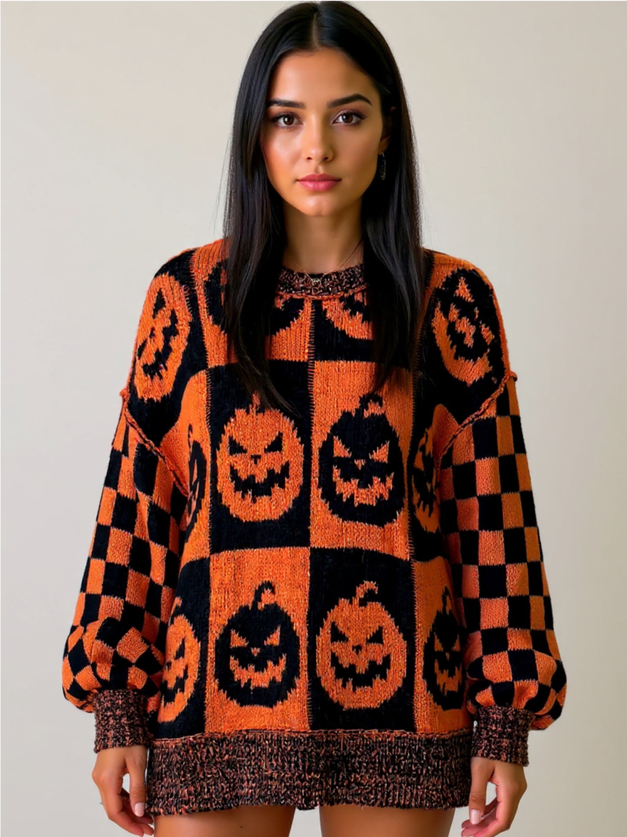 Exposed Seam Pumpkin Round Neck Sweater