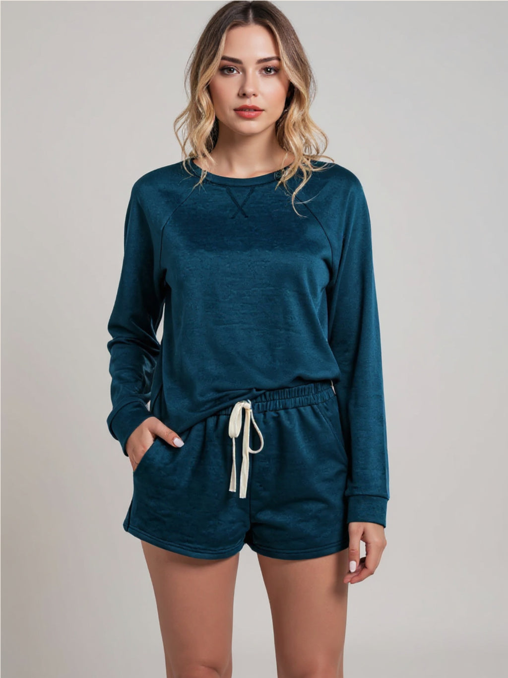 Round Neck Raglan Sleeve Top & Shorts Lounge Set