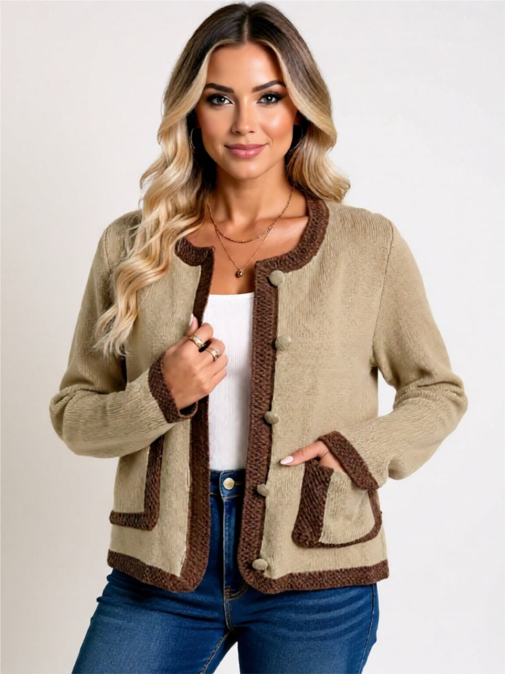 Two-Tone Buttoned Knit Cardigan with Pockets