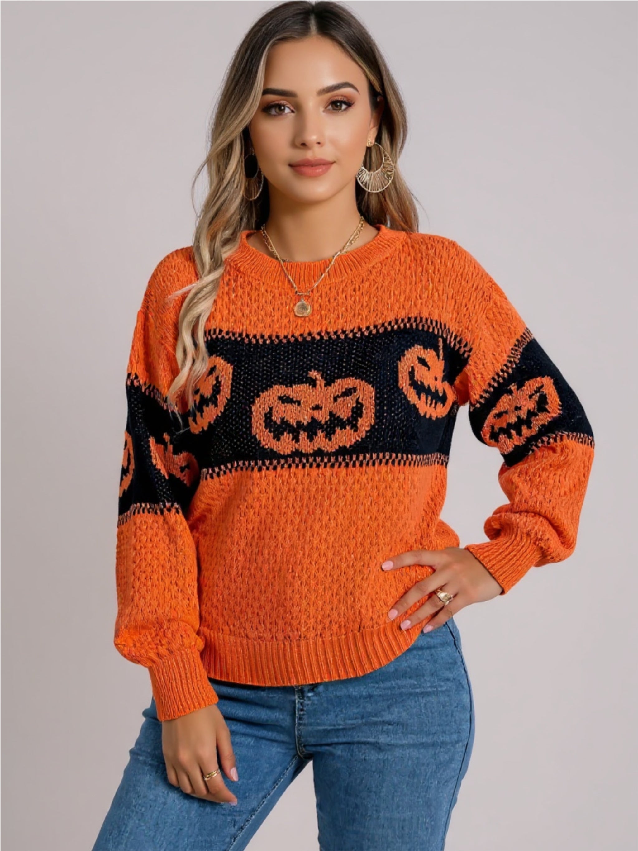 Pumpkin Round Neck Long Sleeve Sweater