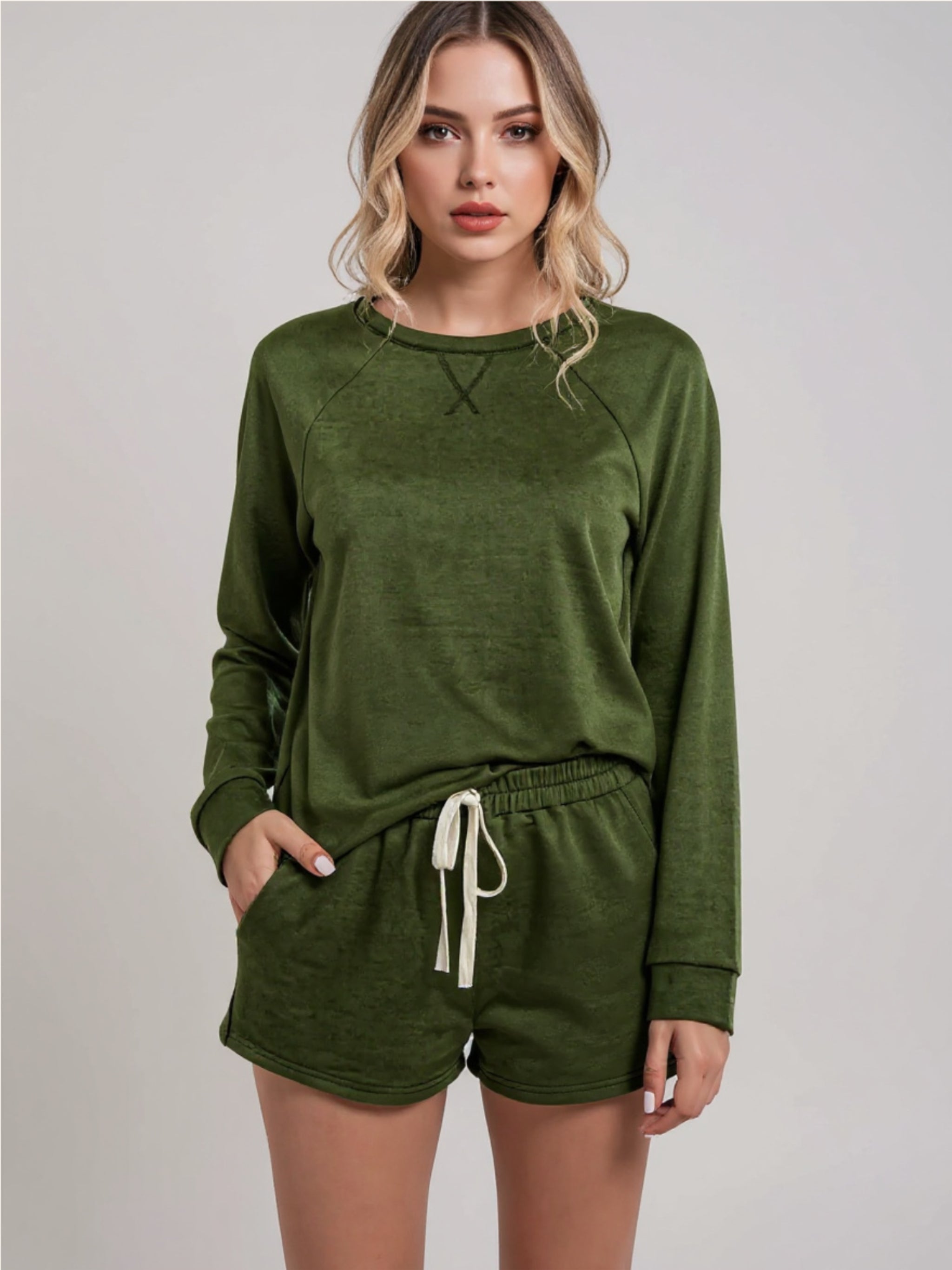 Round Neck Raglan Sleeve Top & Shorts Lounge Set
