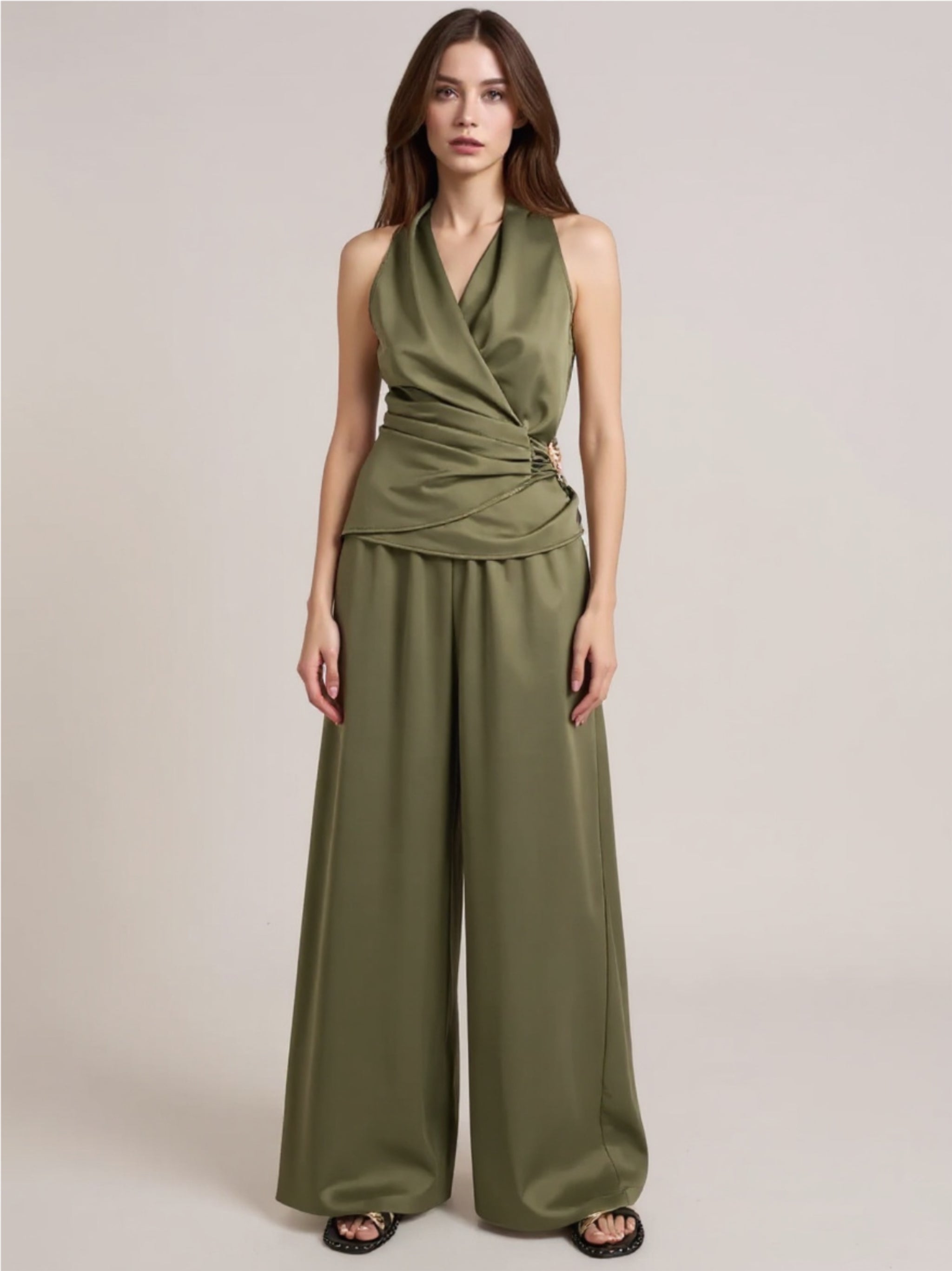 Green Surplice Sleeveless Top & Pants Set