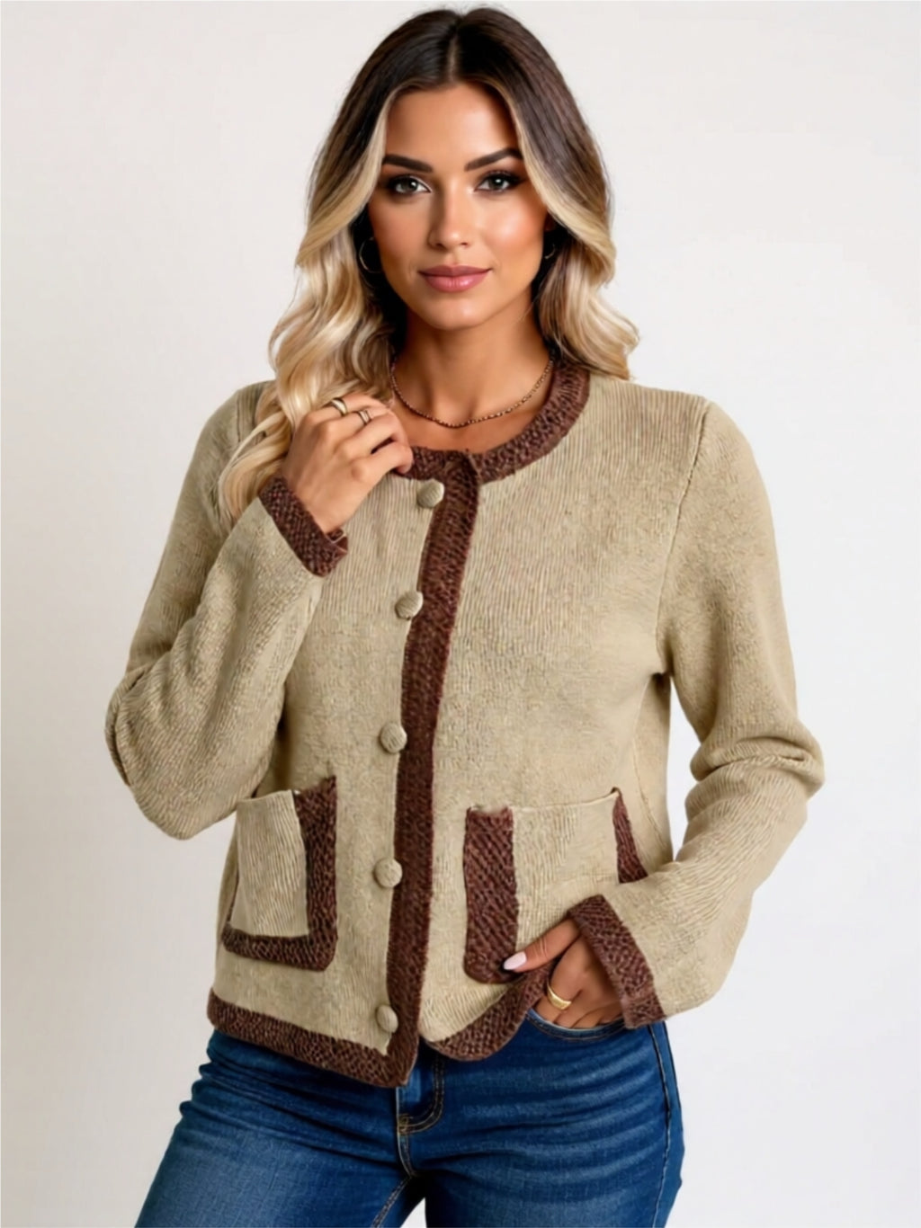 Two-Tone Buttoned Knit Cardigan with Pockets