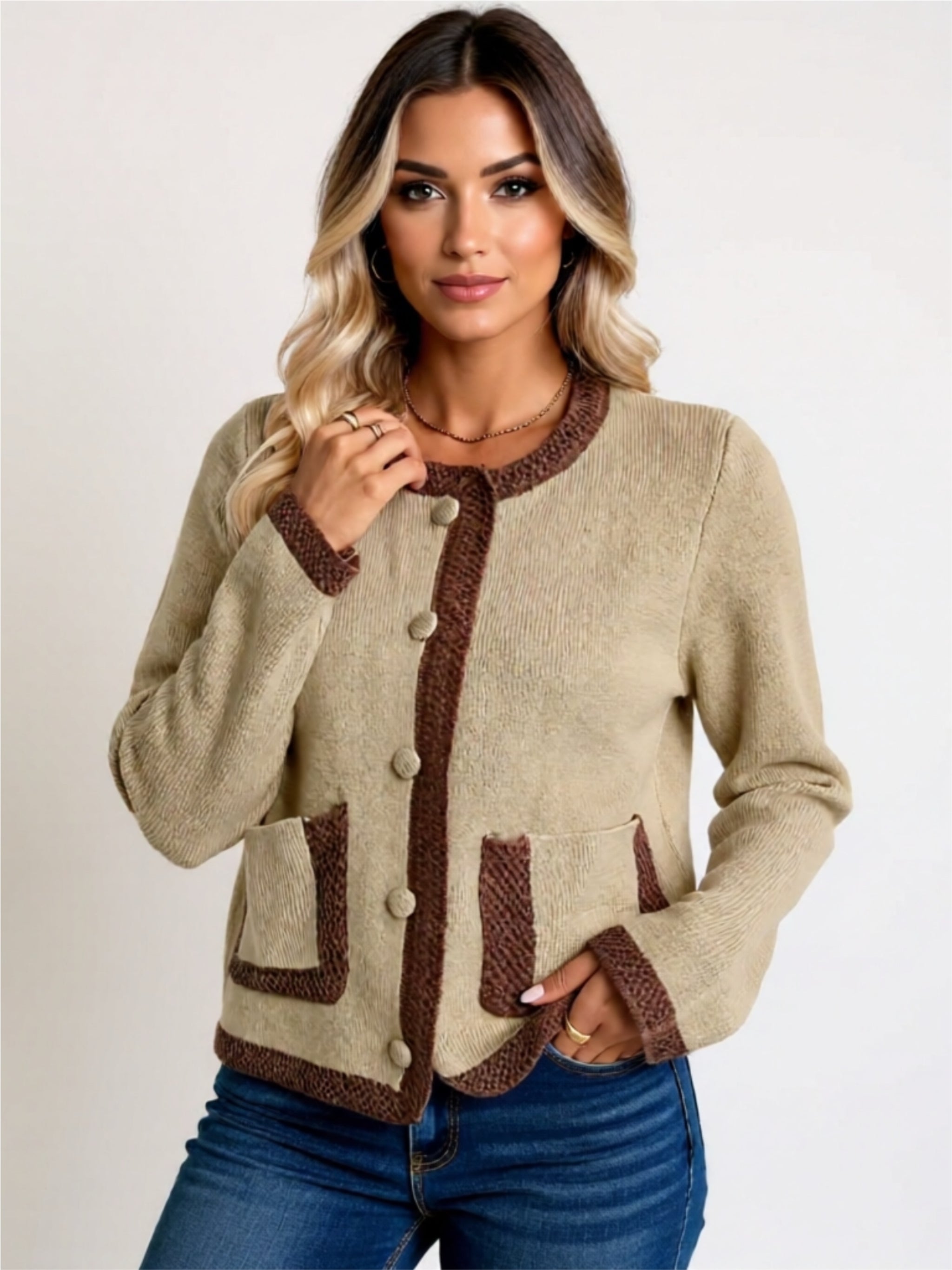 Two-Tone Buttoned Knit Cardigan with Pockets