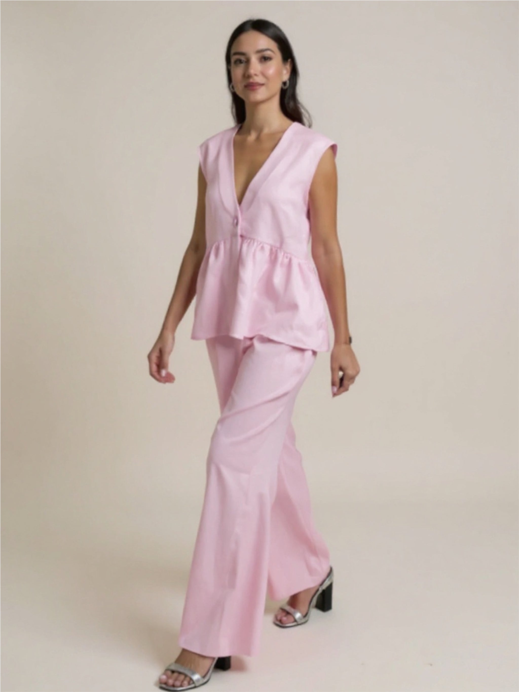 Button Down Peplum Vest & Pants Set