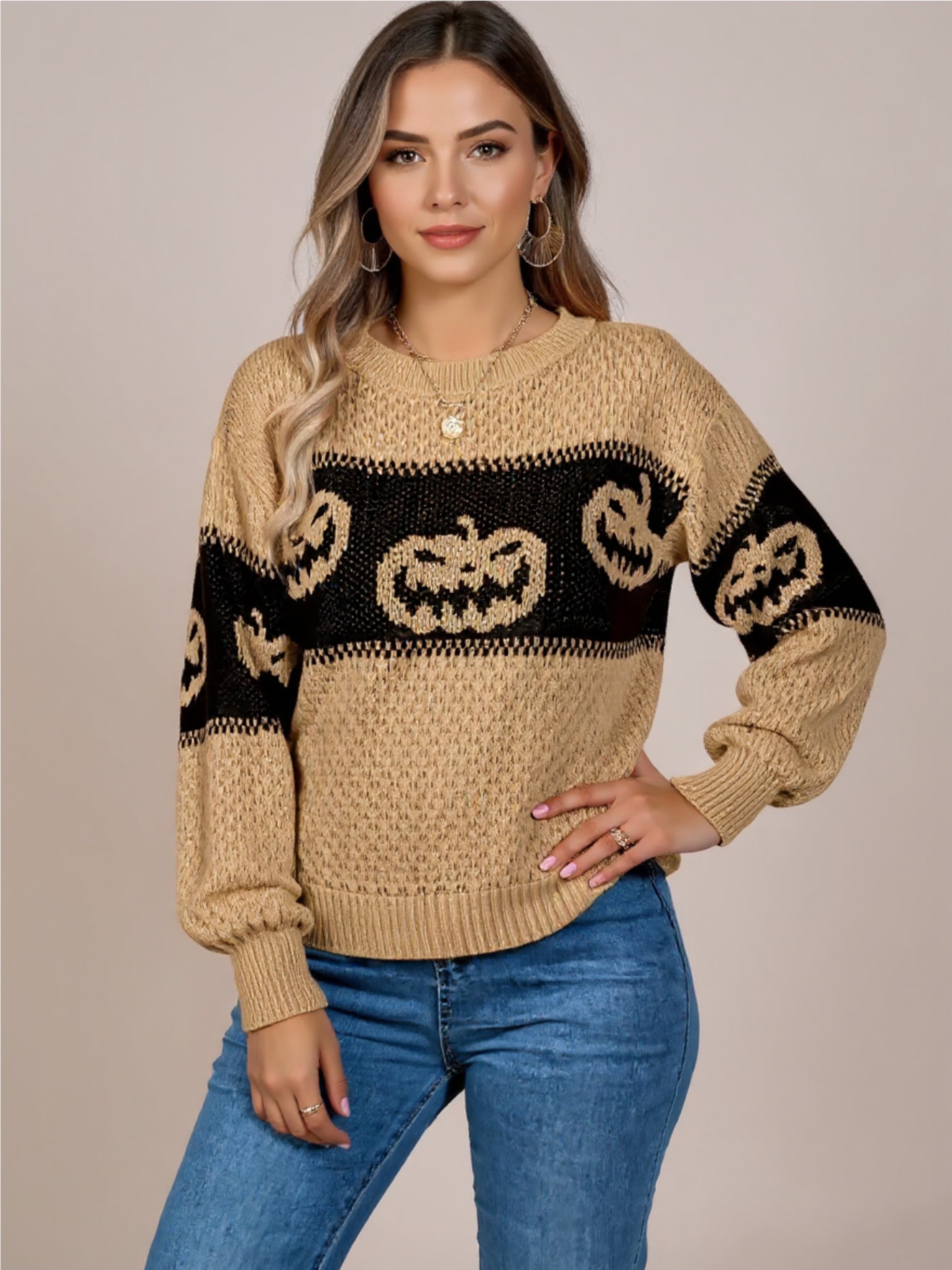 Pumpkin Round Neck Long Sleeve Sweater