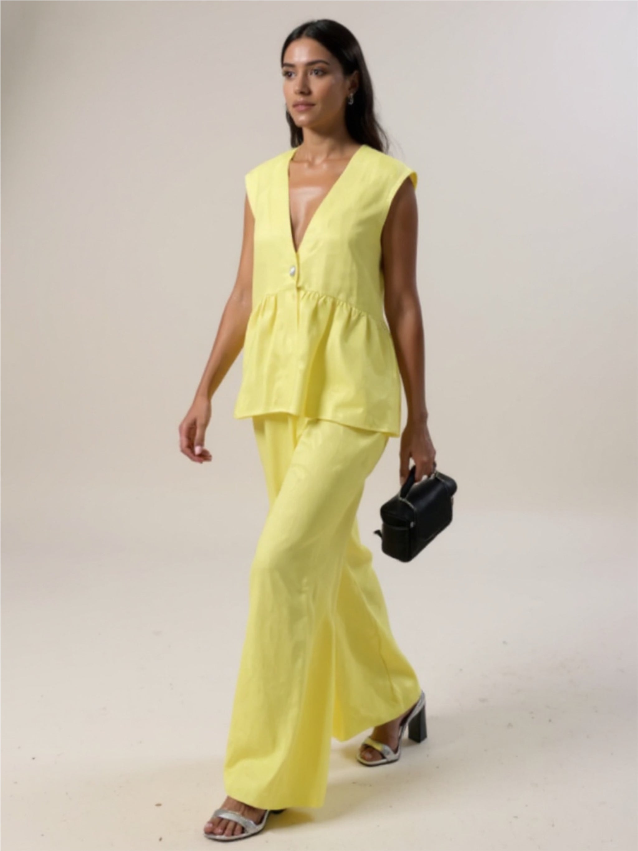 Button Down Peplum Vest & Pants Set