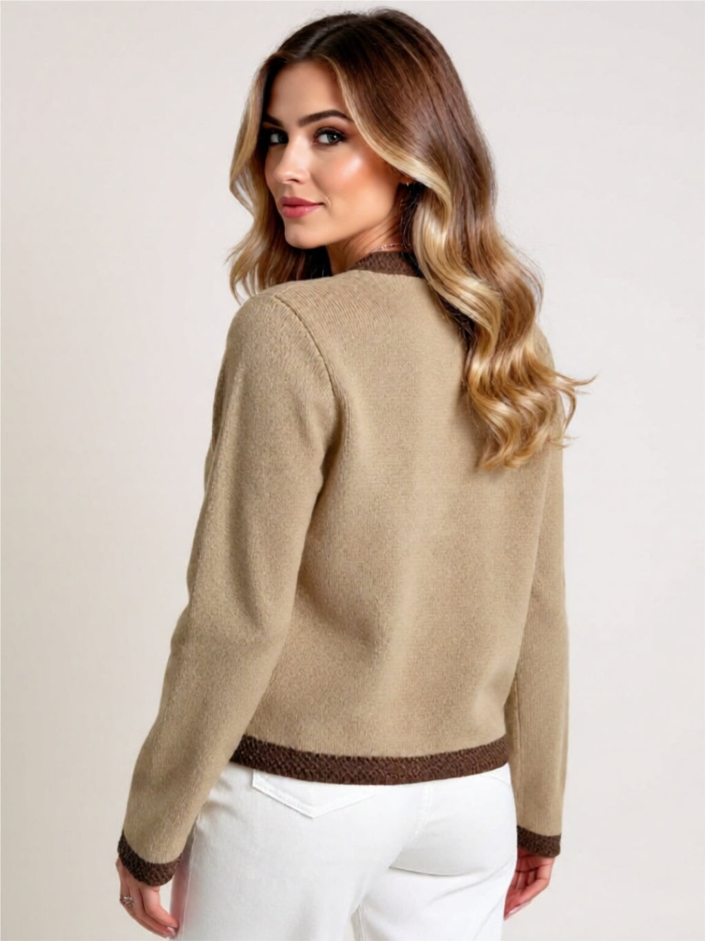 Two-Tone Buttoned Knit Cardigan with Pockets