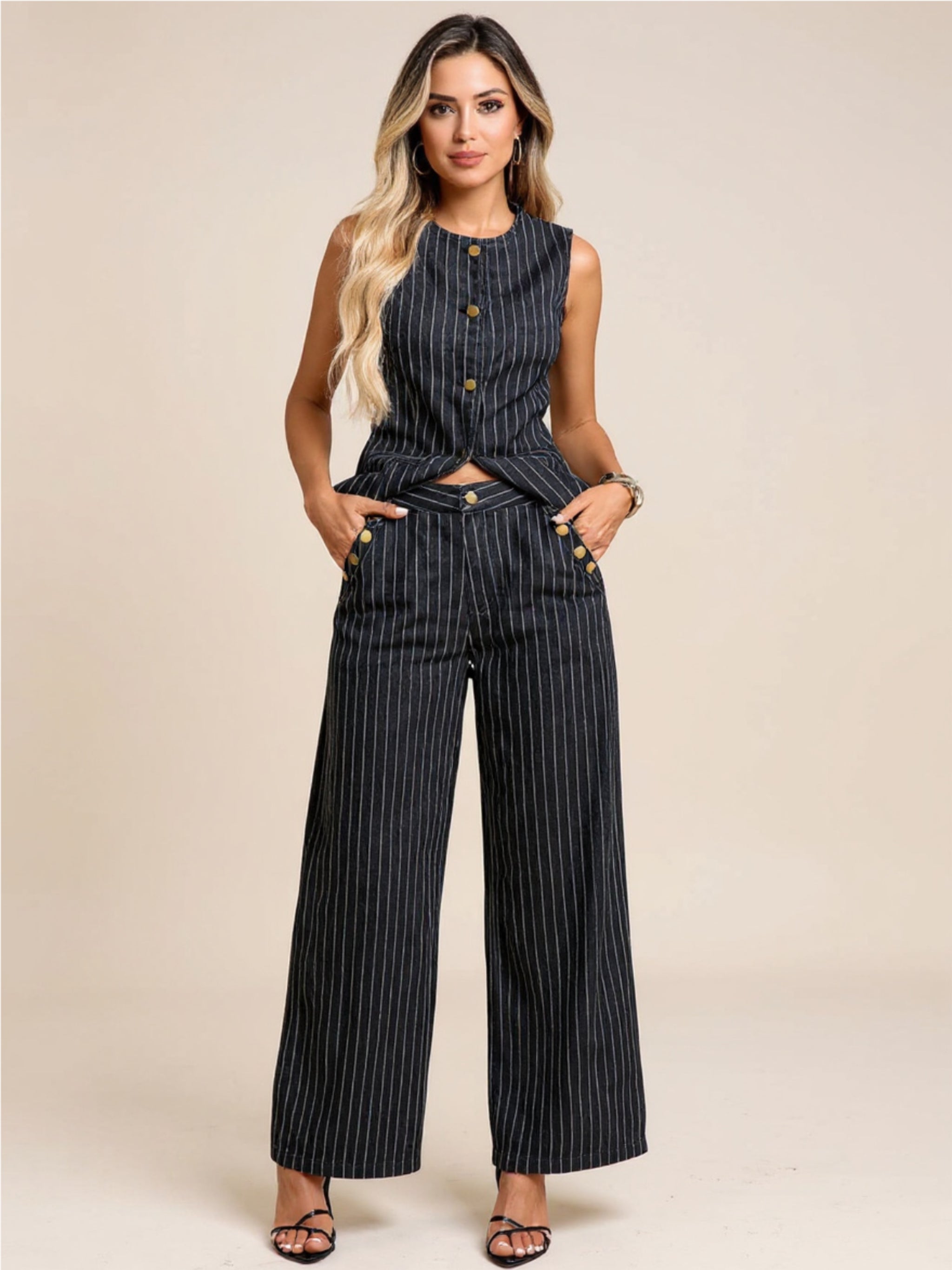 Striped Button Down Tank & Pants Denim Set