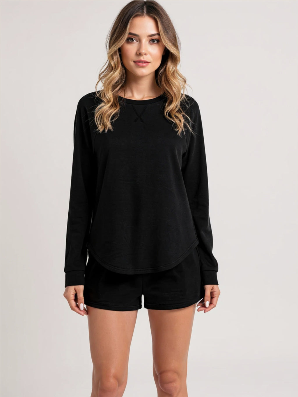 Round Neck Raglan Sleeve Top & Shorts Lounge Set