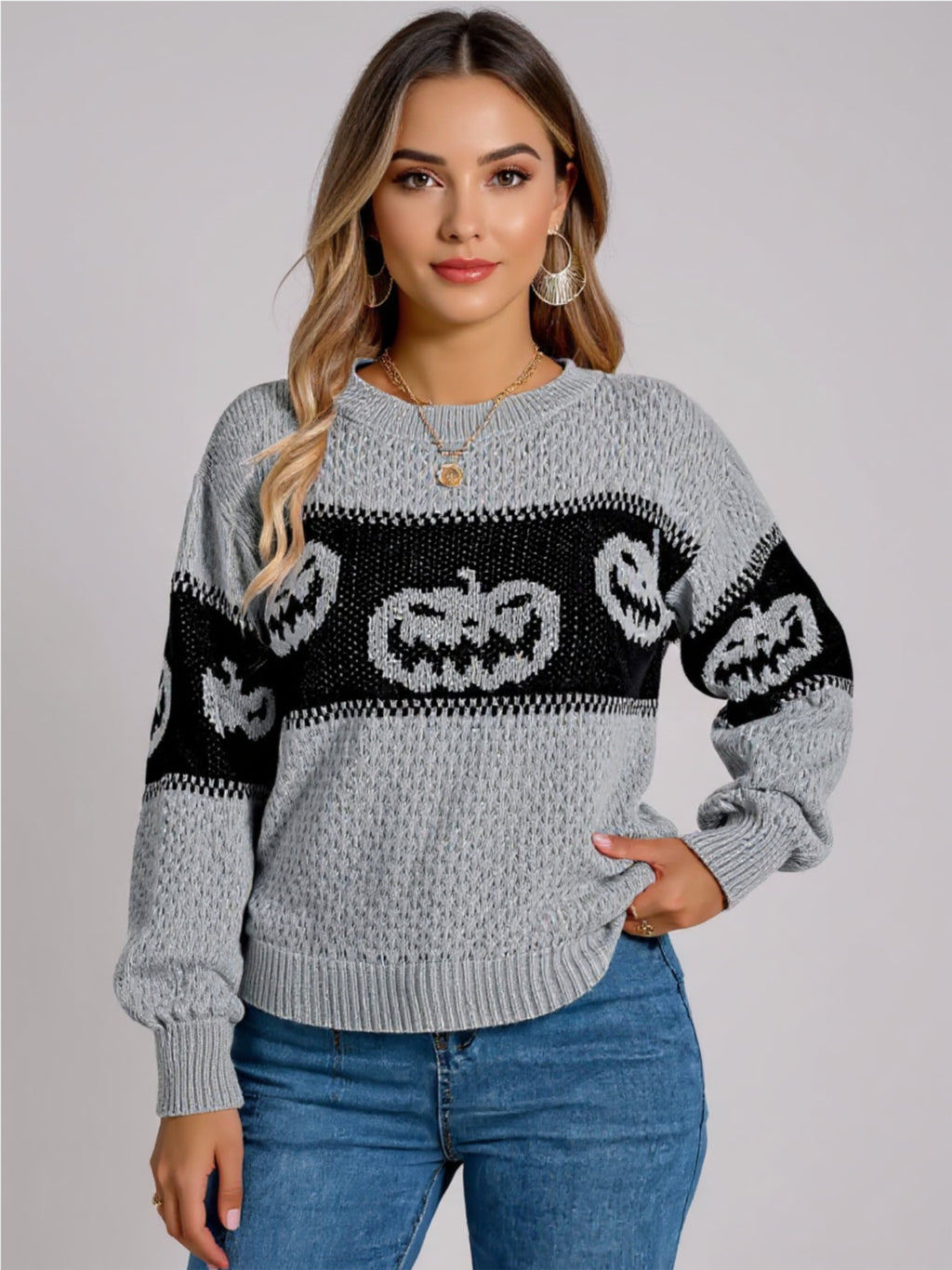 Pumpkin Round Neck Long Sleeve Sweater