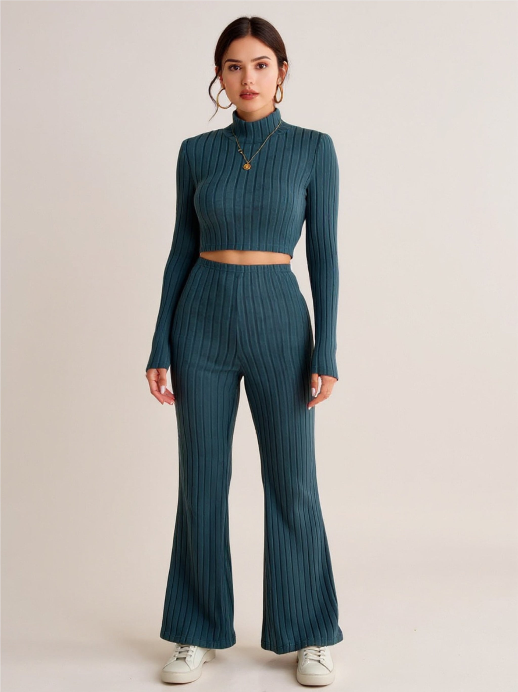 Ribbed Mock Neck Cropped Sweater & High Waist Pants Set