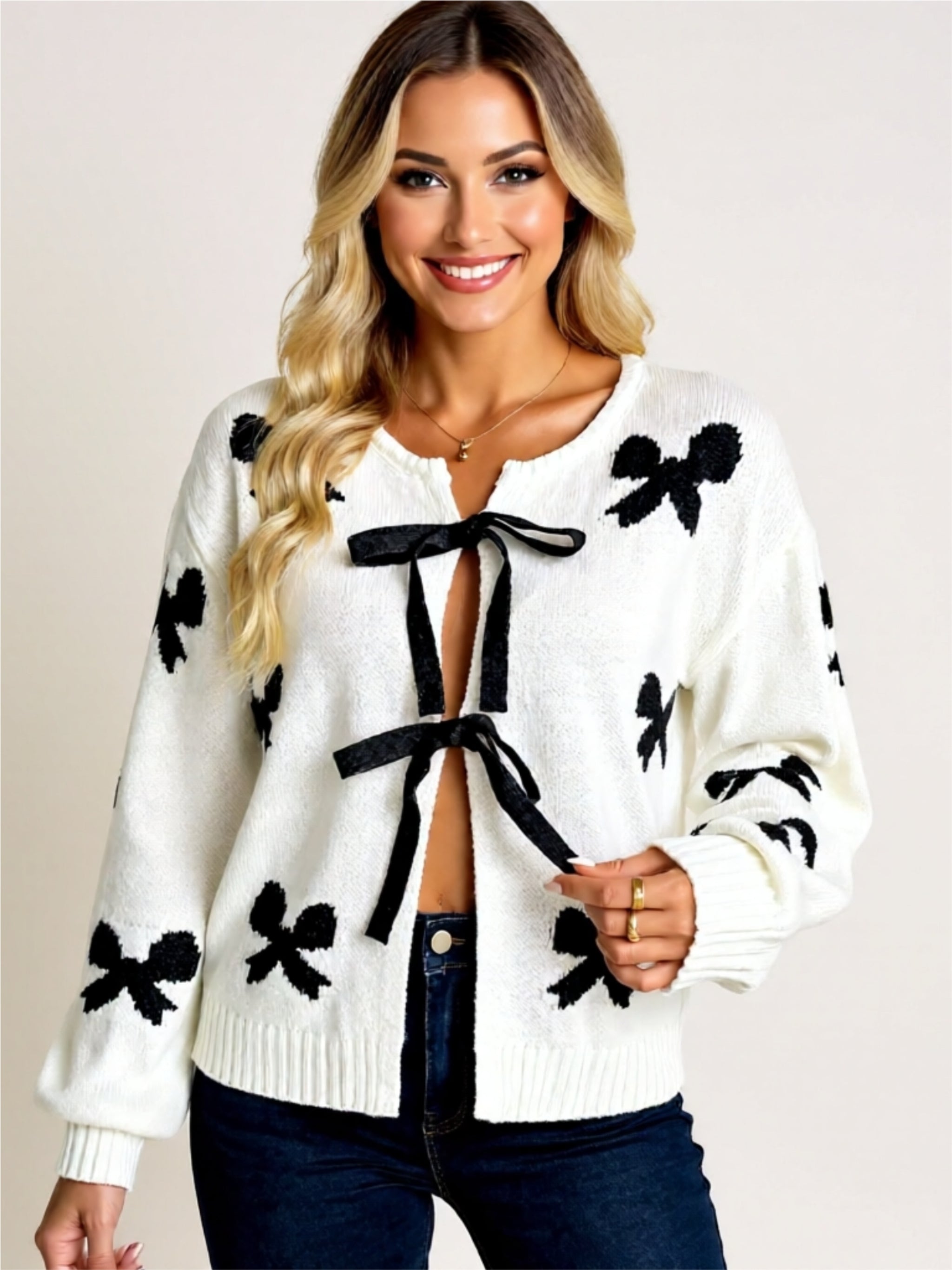 Bow Tie Lace-Up Knit Cardigan