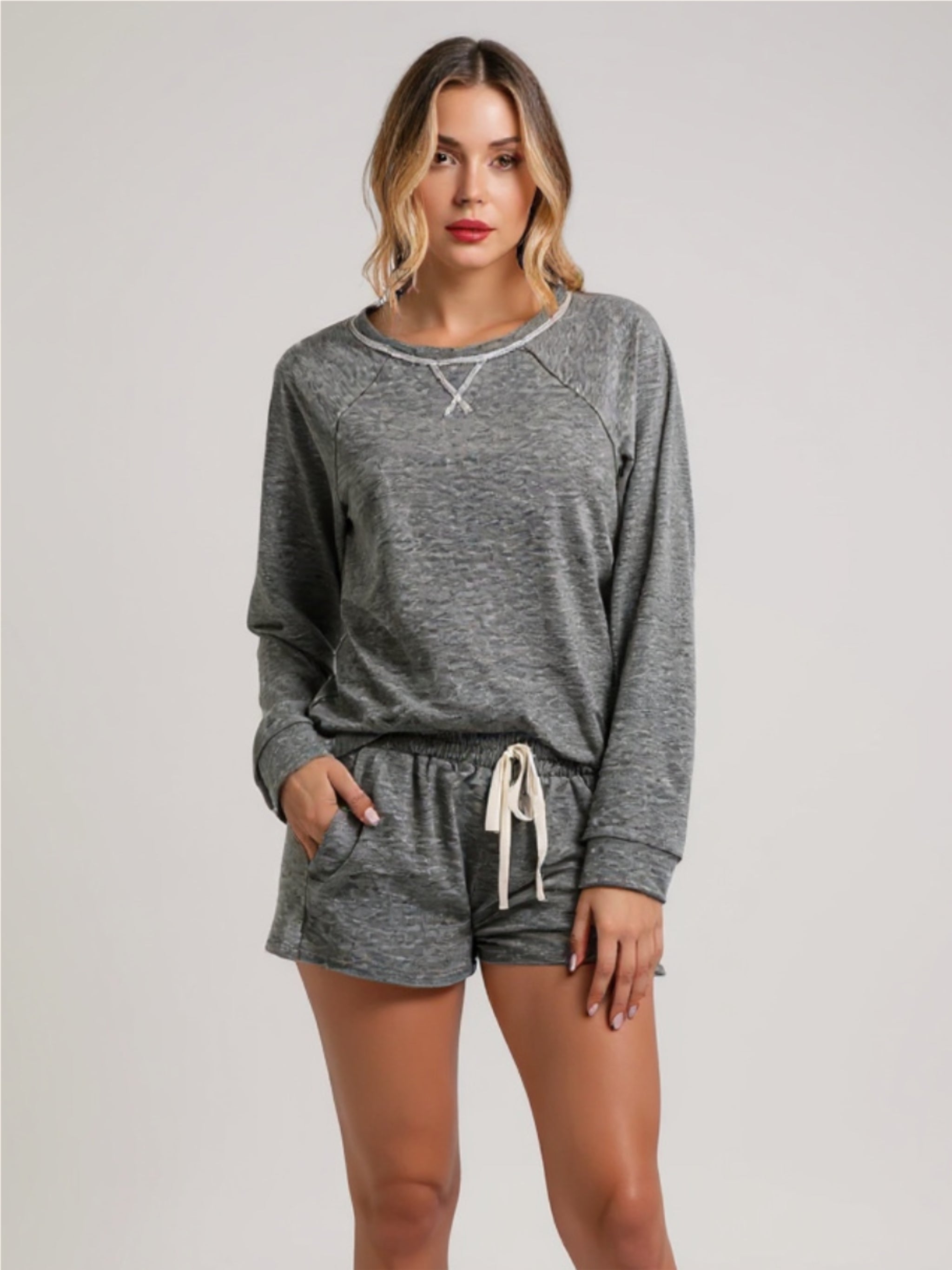 Round Neck Raglan Sleeve Top & Shorts Lounge Set