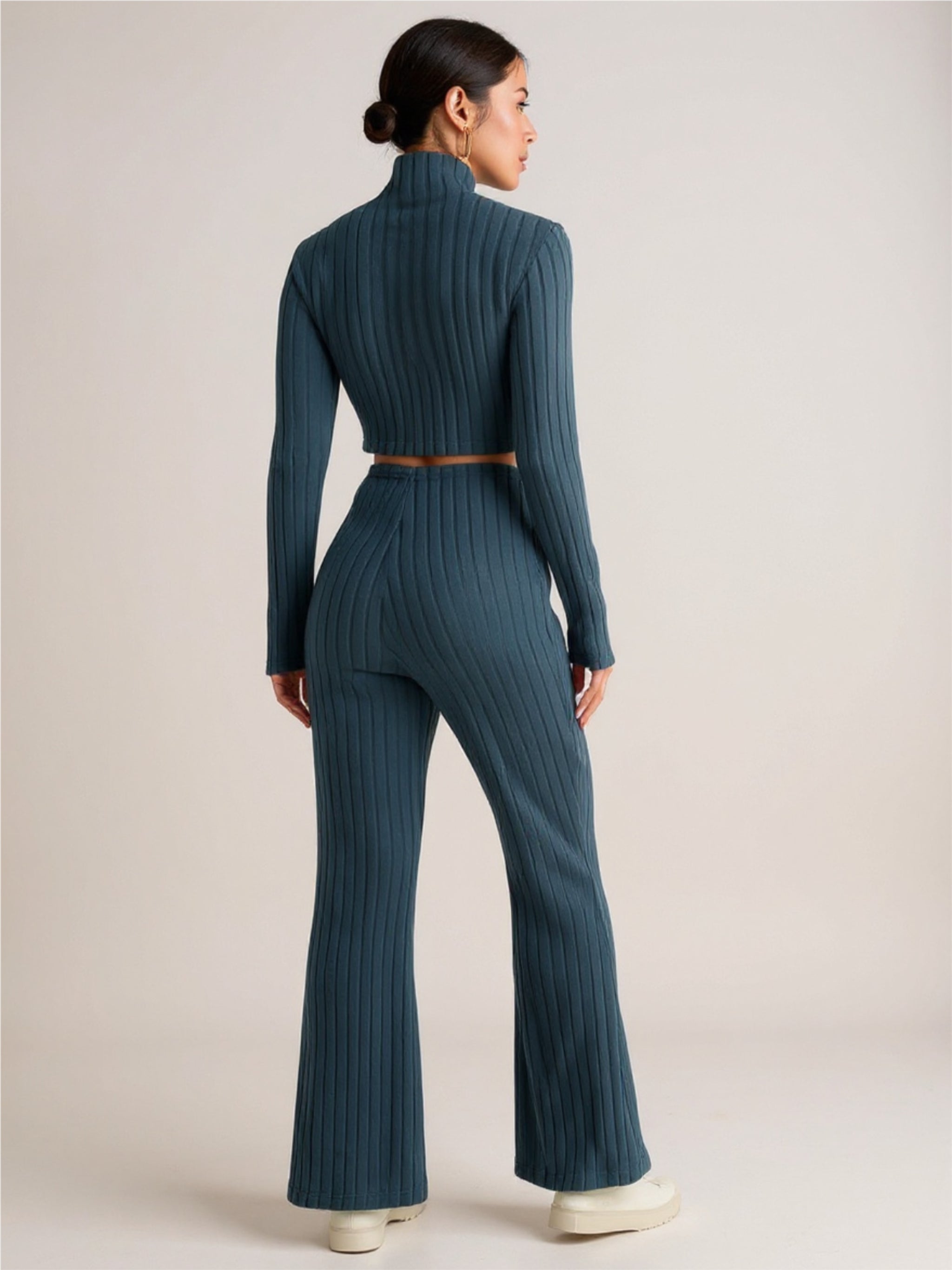 Ribbed Mock Neck Cropped Sweater & High Waist Pants Set