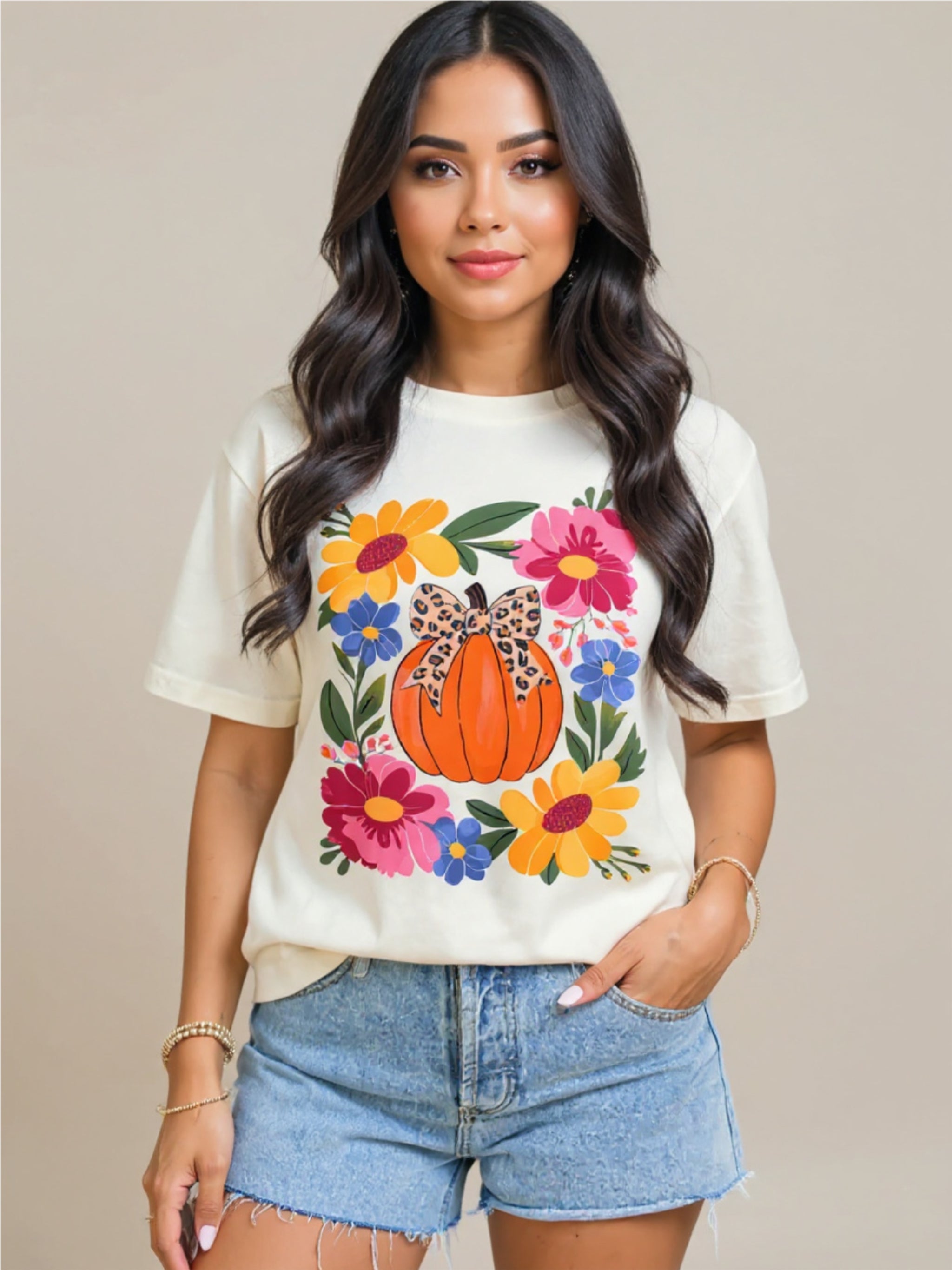 Pumpkin Floral Graphic Round Neck T-Shirt