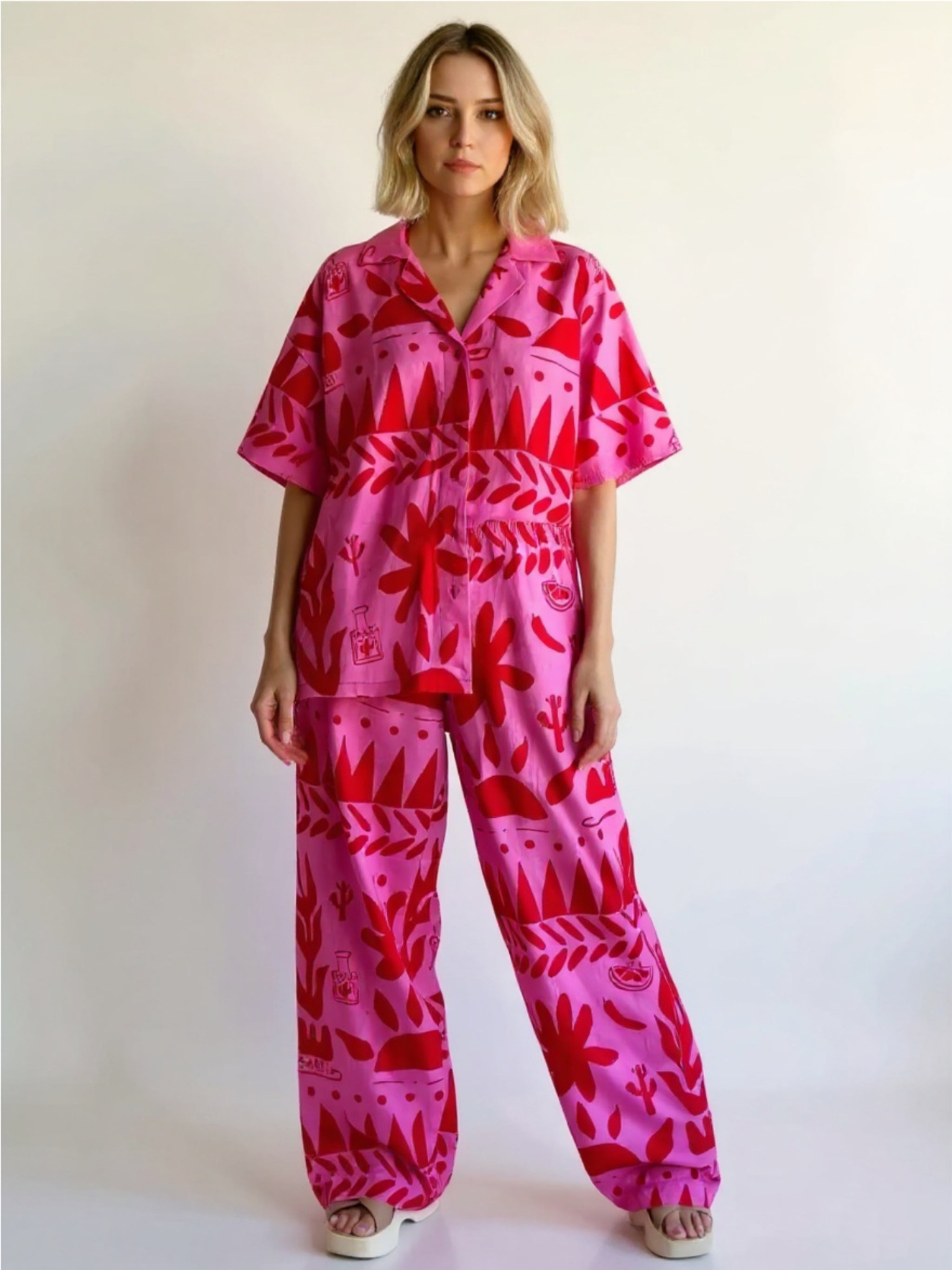 Pink Printed Button Up Shirt & Pants Set