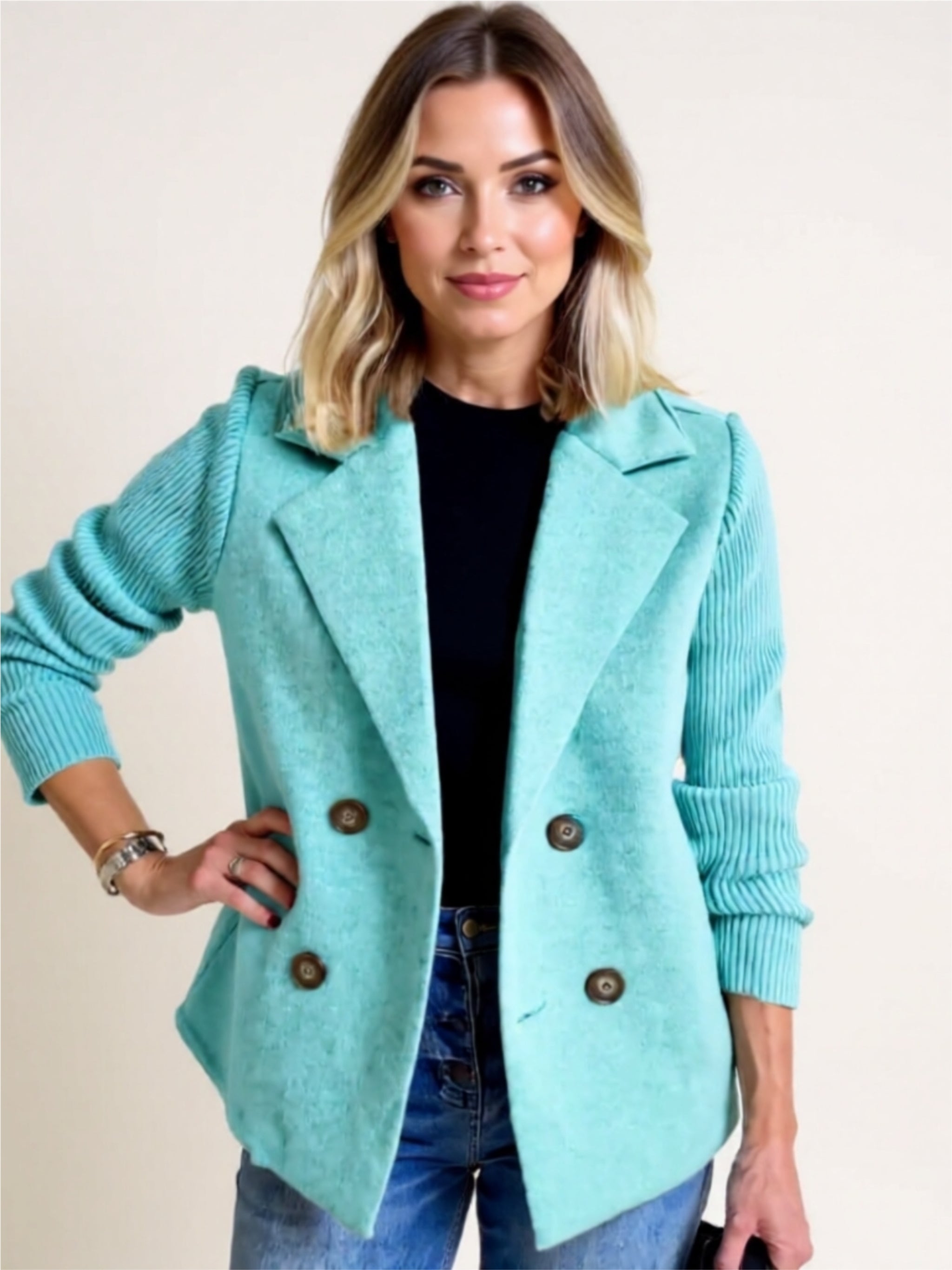 Double-Breasted Ribbed Sleeve Blazer