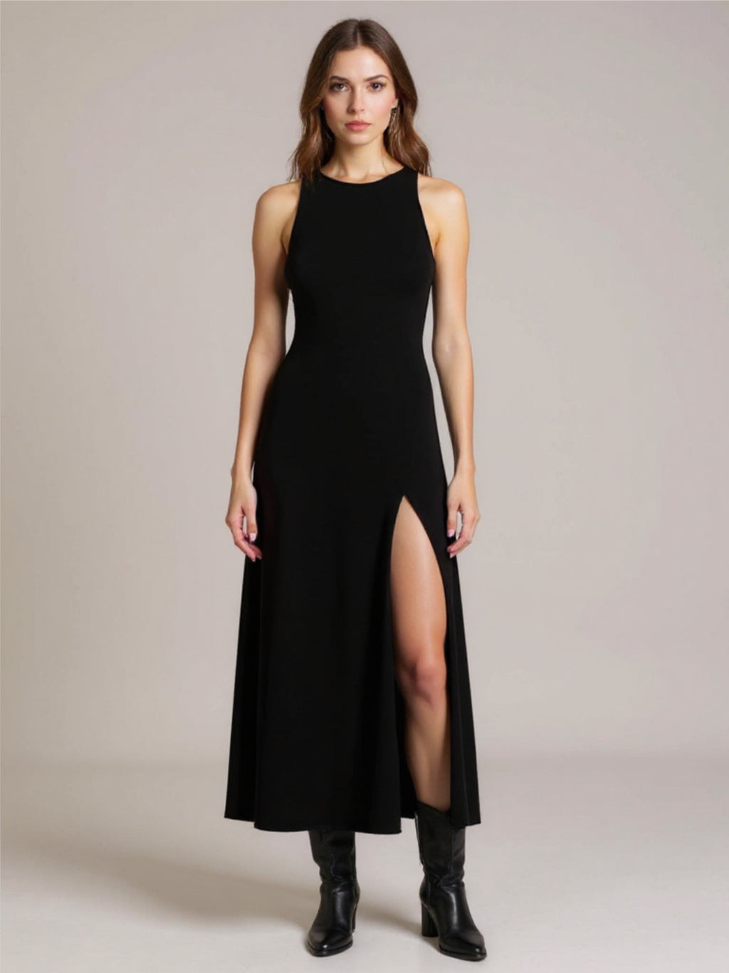 Side Slit Round Neck Sleeveless Dress
