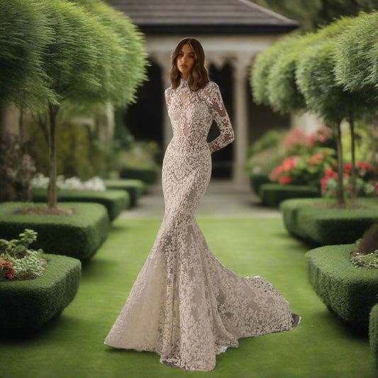 Beaded High Collar Mermaid Long Sleeve Wedding Dress