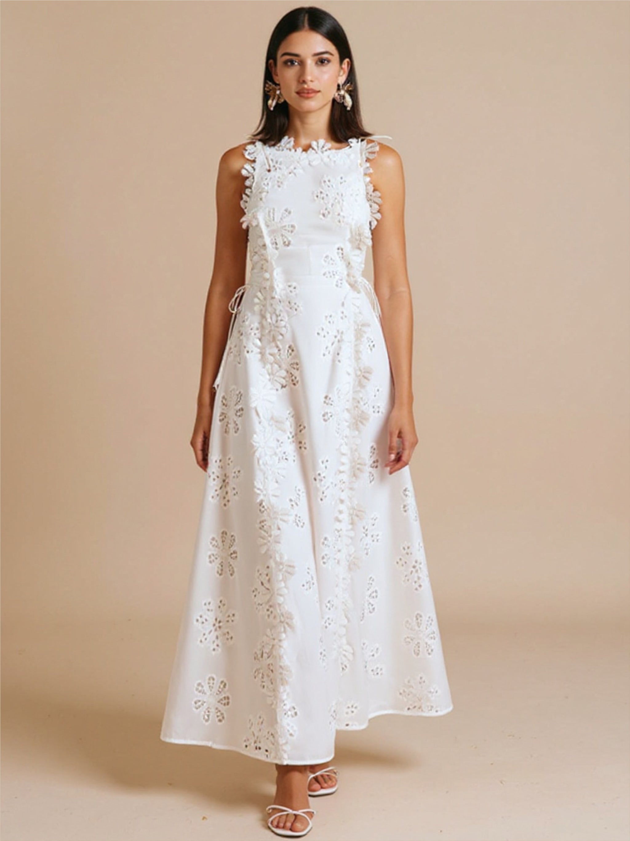 White Lace Embroidered Fitted Maxi Dress