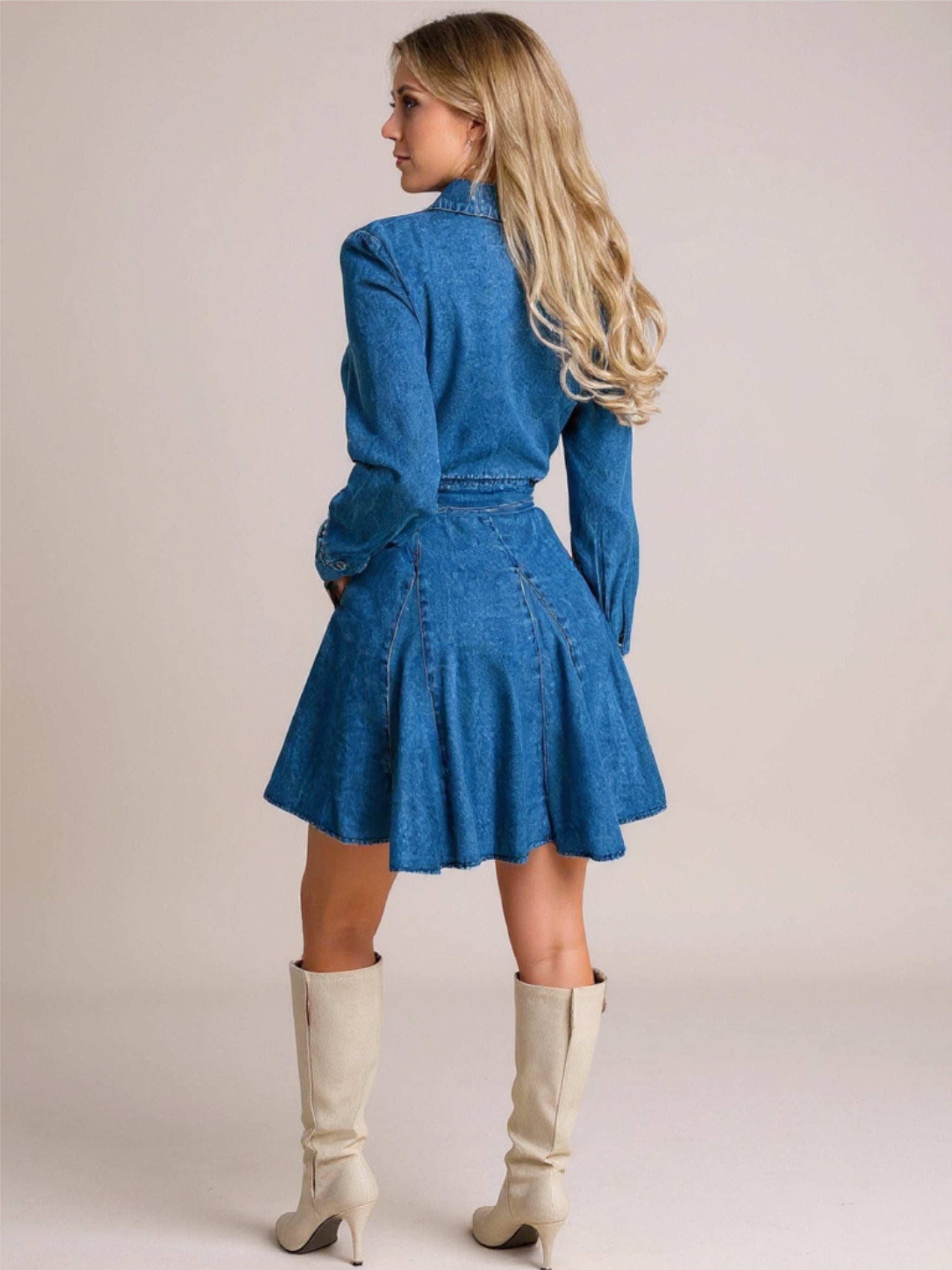 Tied Half Button Long Sleeve Denim Dress