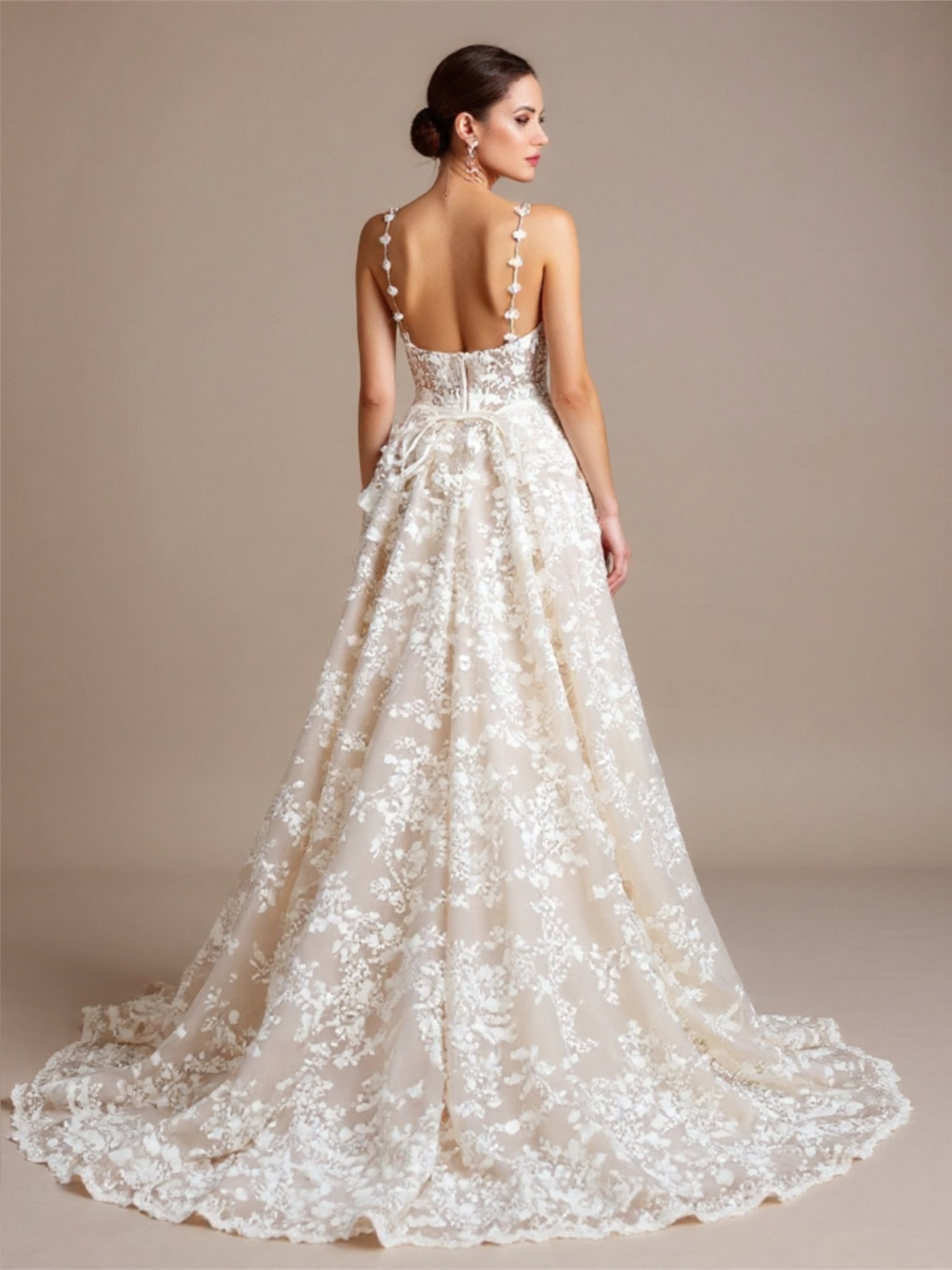 Spaghetti-Strapped Floral Appliquéd Wedding Dress