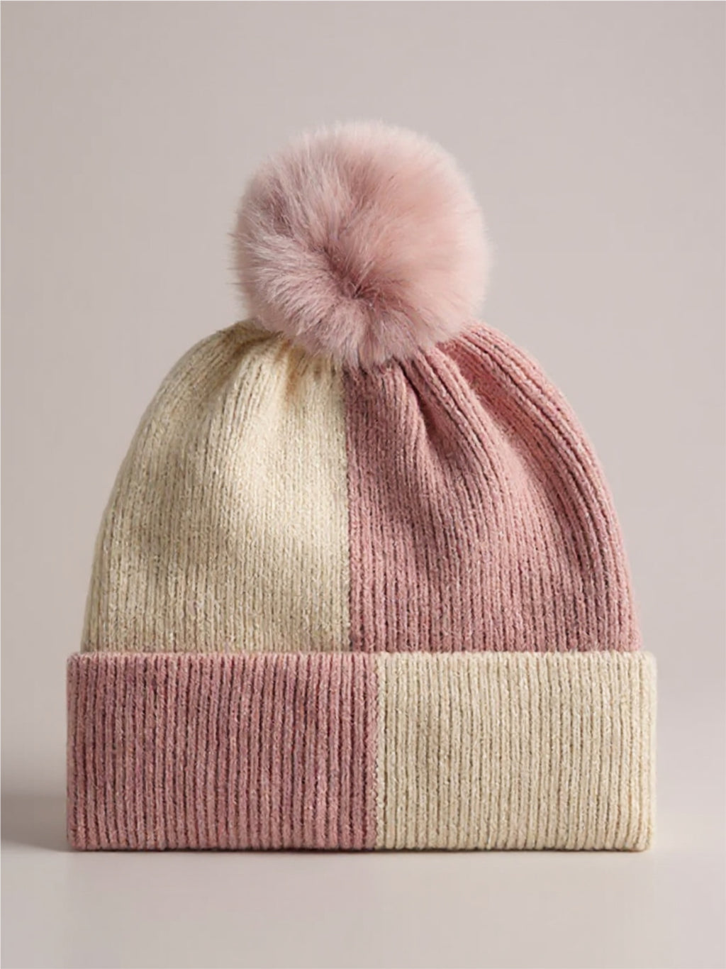 Color Block Knit Beanie with Pom-pom