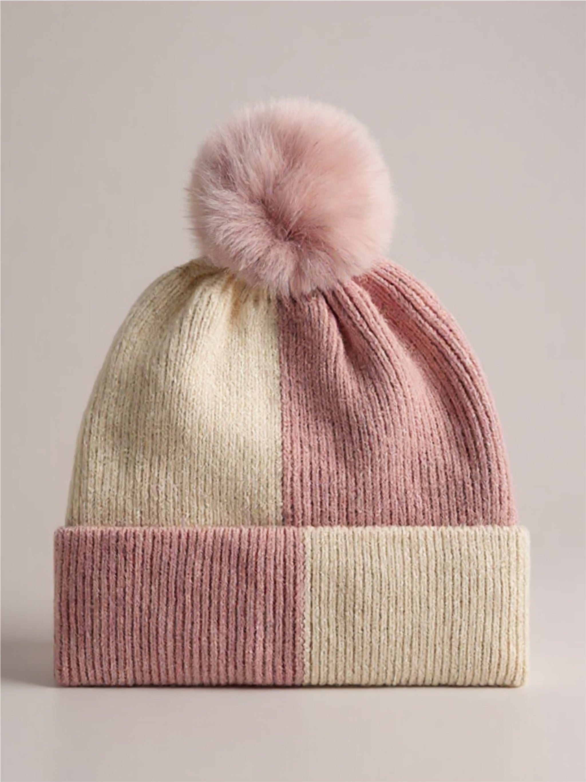 Color Block Knit Beanie with Pom-pom