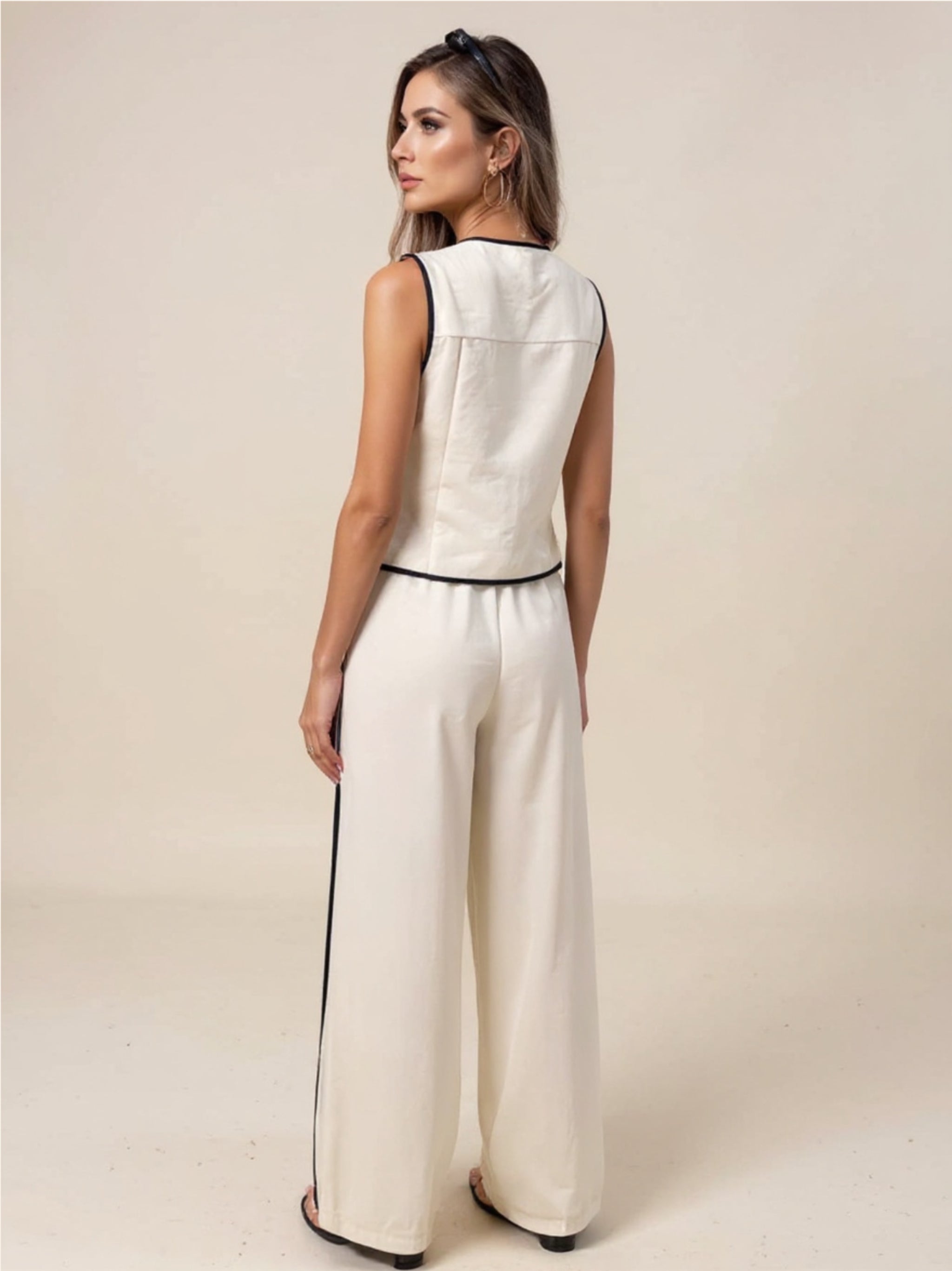 Beige Button-Up Tank & Wide-Leg Pants Set