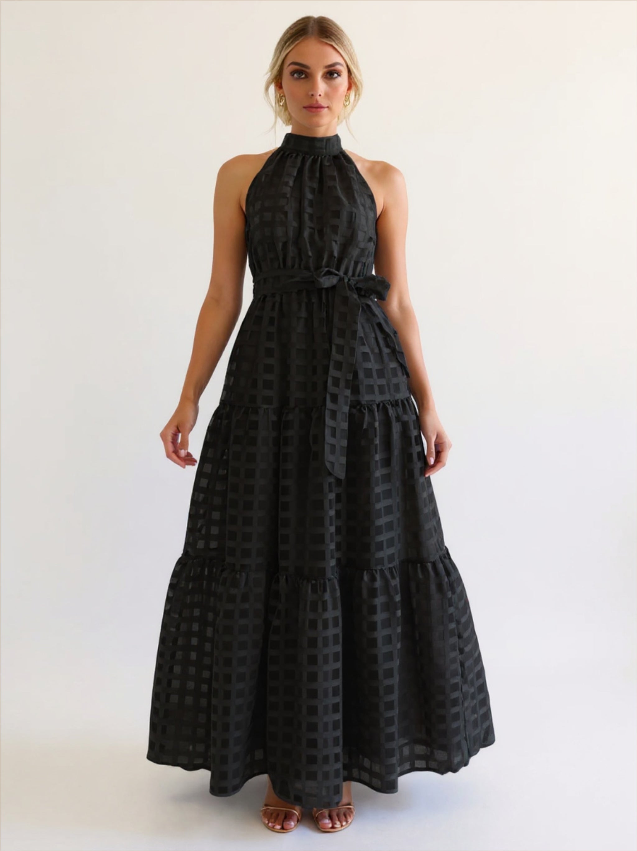 Solid Plaid Halter Neck Maxi Dress