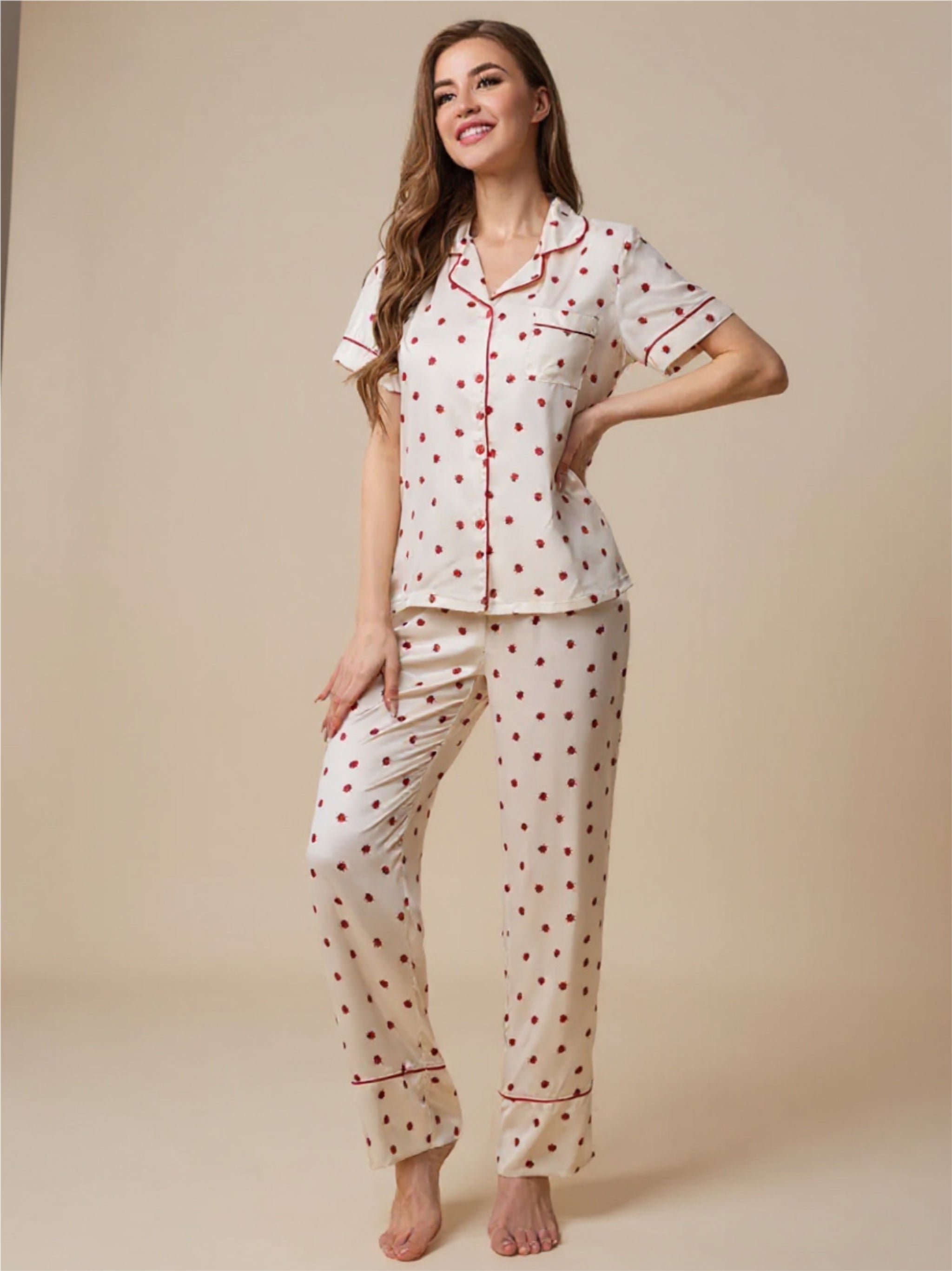 Contrast Piping Pocketed Top &  Pants Pajama  Set
