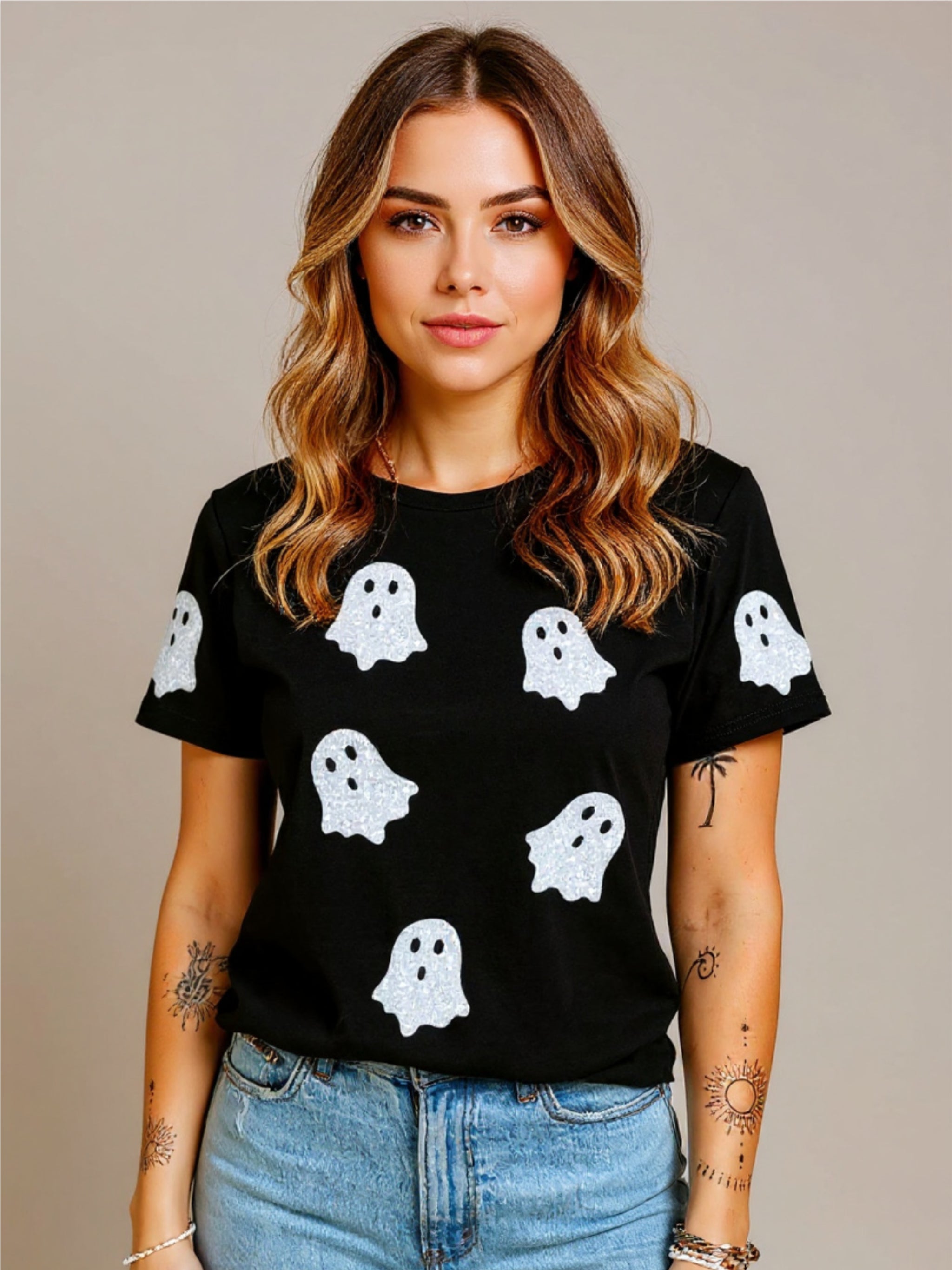 Glitter Ghost Round Neck Short Sleeve T-Shirt