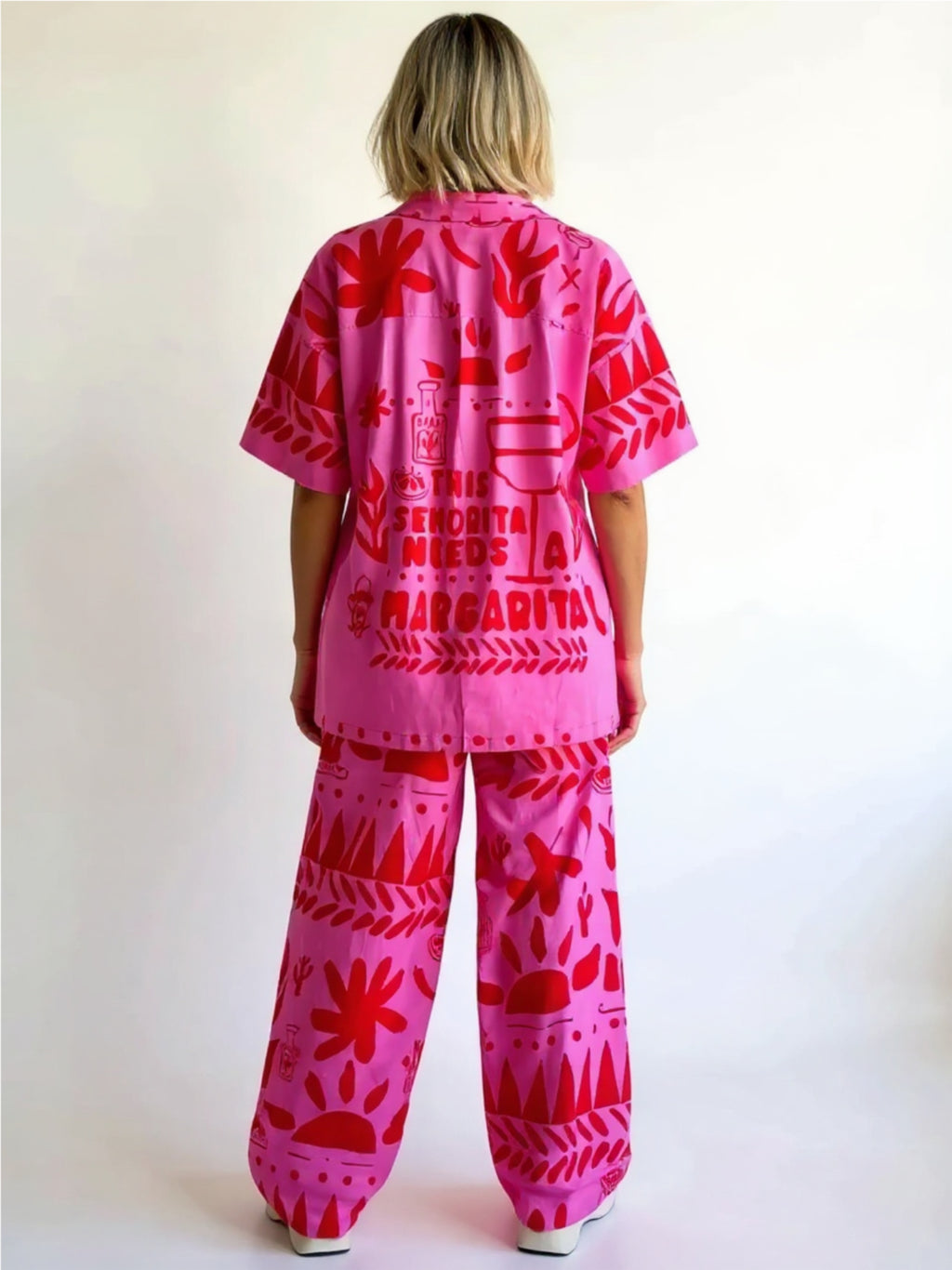 Pink Printed Button Up Shirt & Pants Set