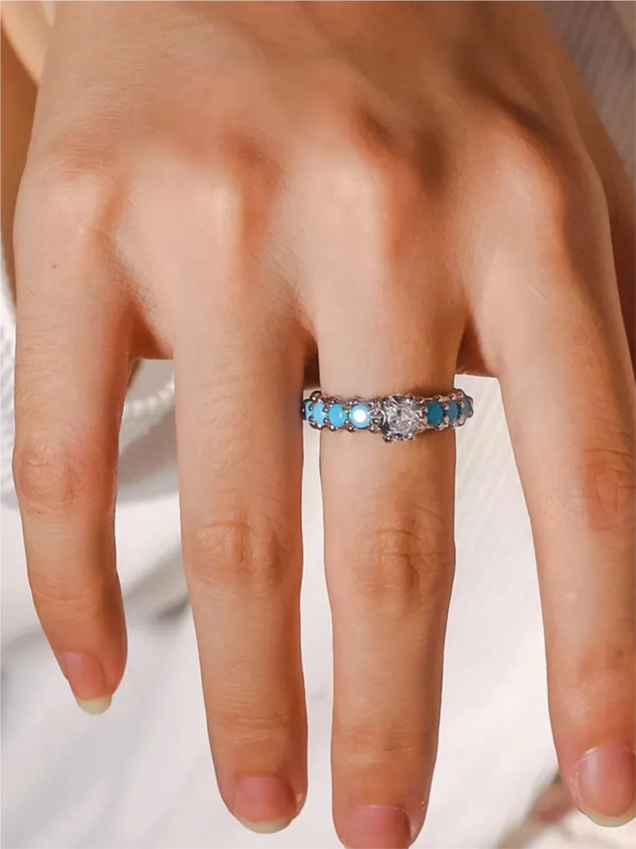 Inlaid Turquoise & CZ 925 Sterling Silver Ring