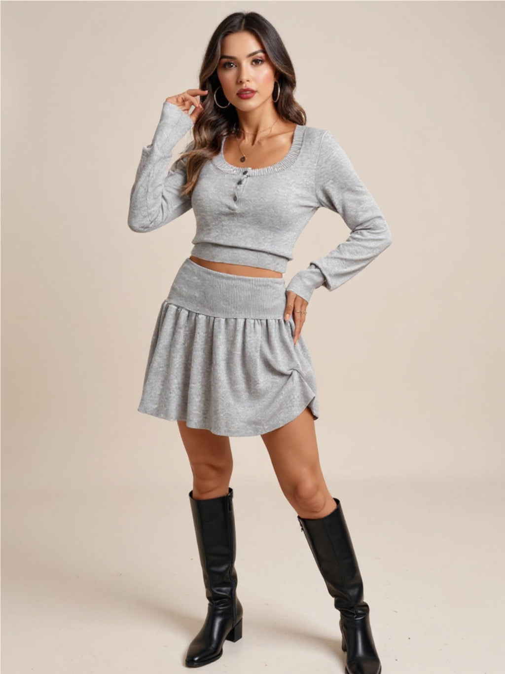 Gray Ribbed Long Sleeve Top & Skirt Knit Set
