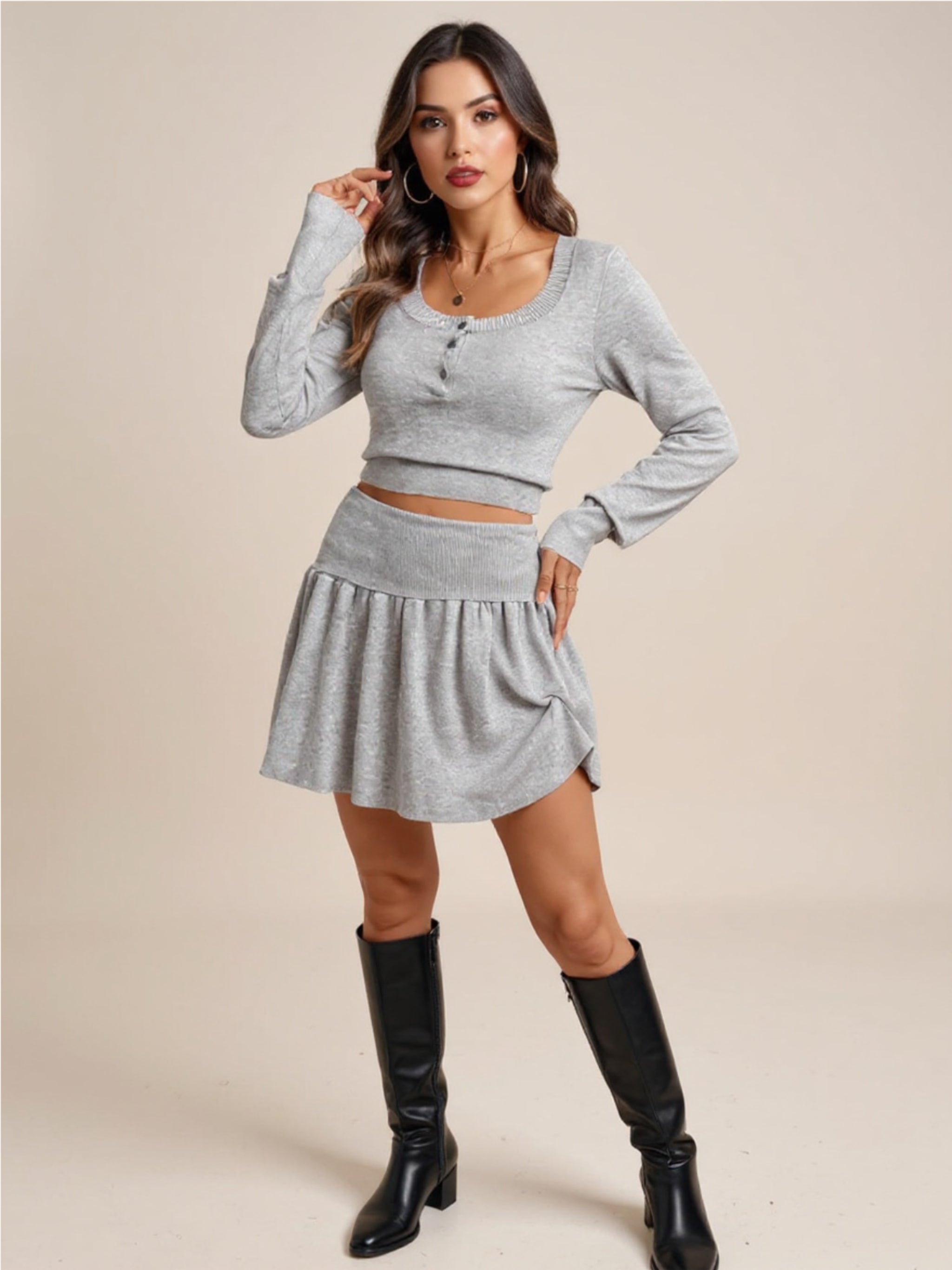 Gray Ribbed Long Sleeve Top & Skirt Knit Set