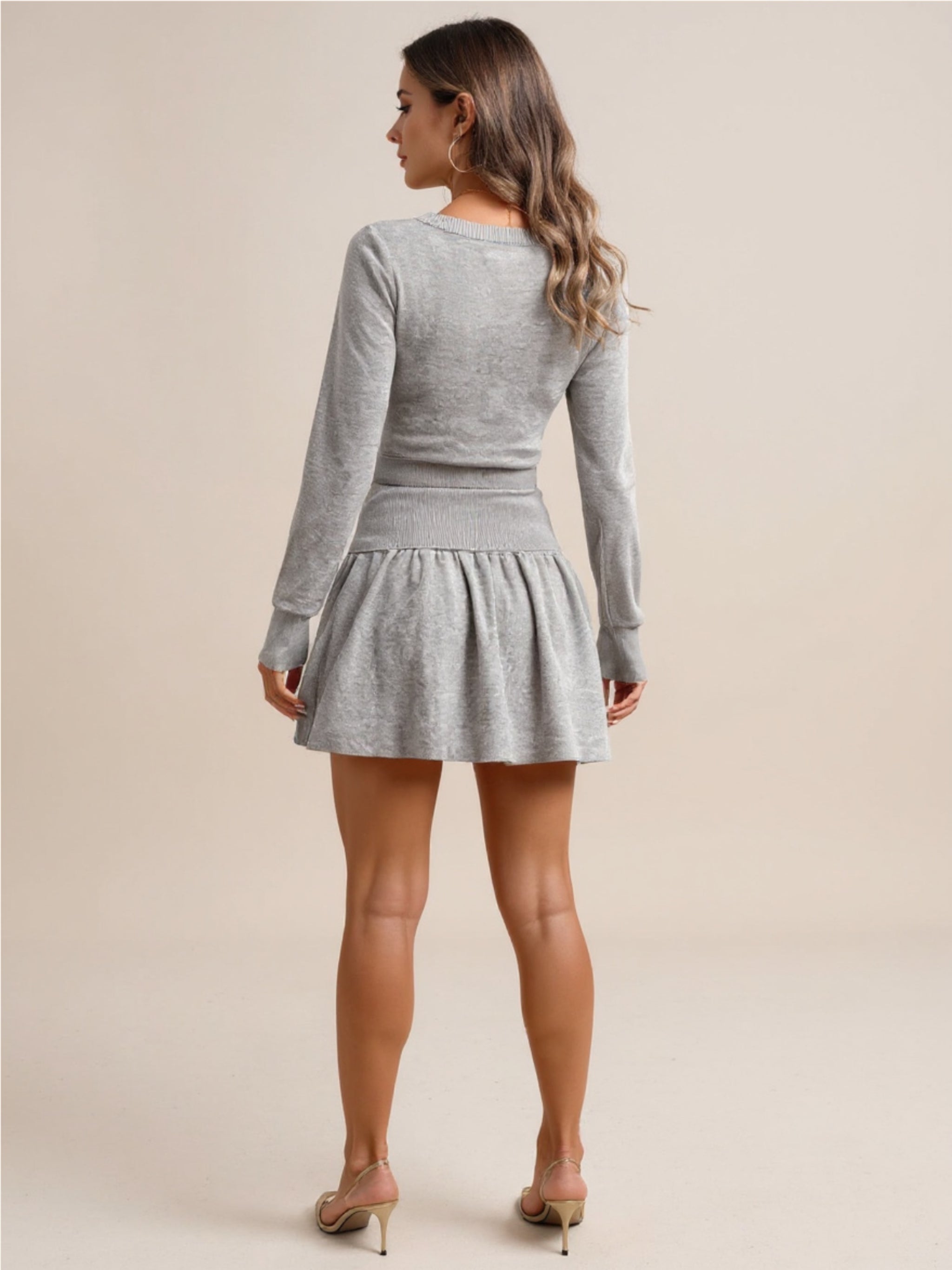 Gray Ribbed Long Sleeve Top & Skirt Knit Set