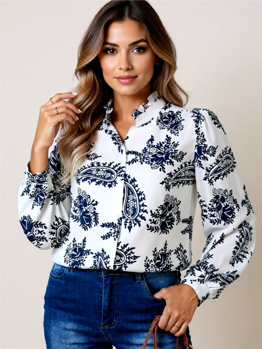 Frill Neck Buttoned Paisley Print Blouse